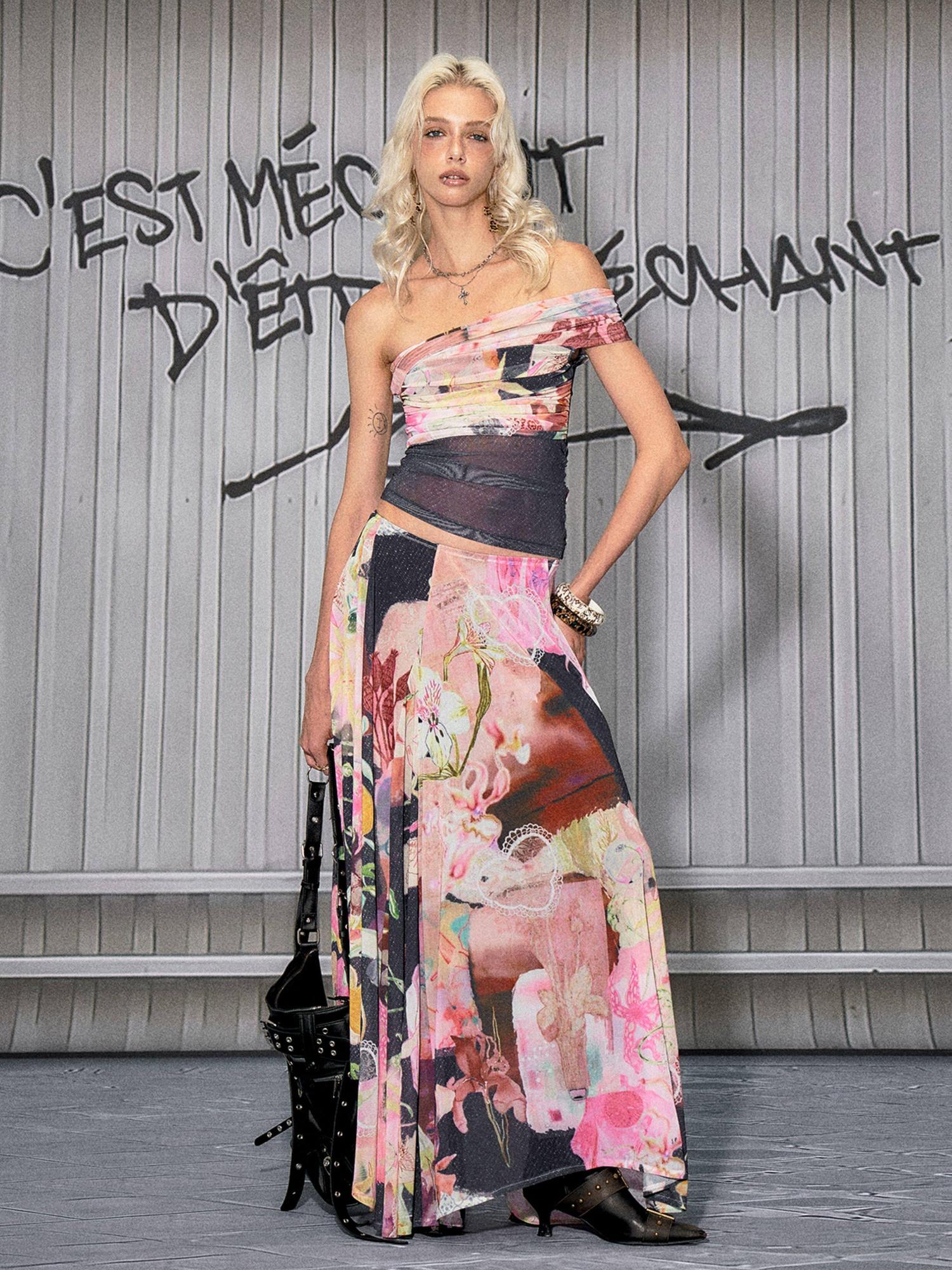 The NeverMore Light Stretch Printed Pink Side Zipper A Line Loose Fit Mid Waist Maxi Skirts