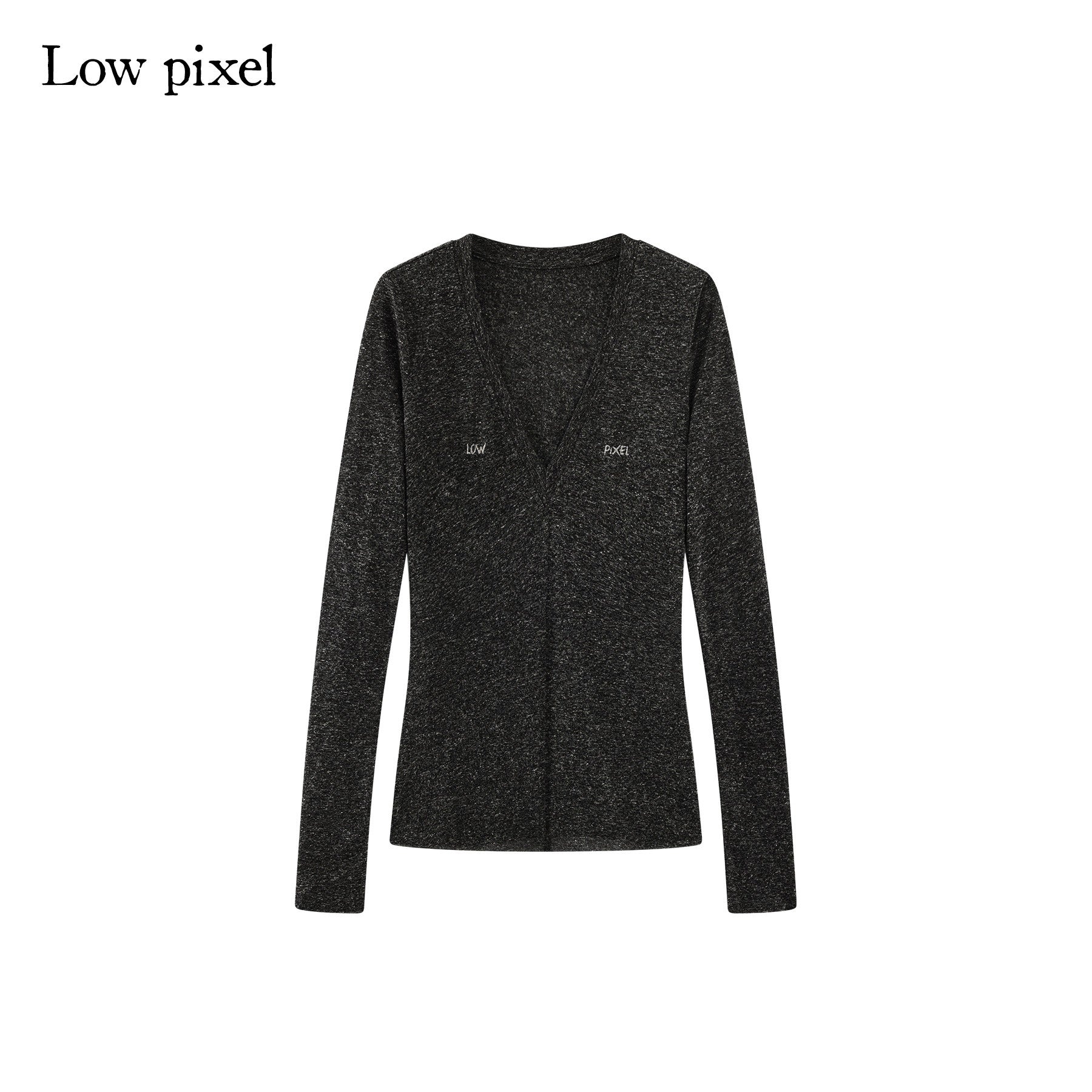 Low pixel Linen Blend Printed Slim Fit V-neck Women Black Long Sleeve T-Shirts