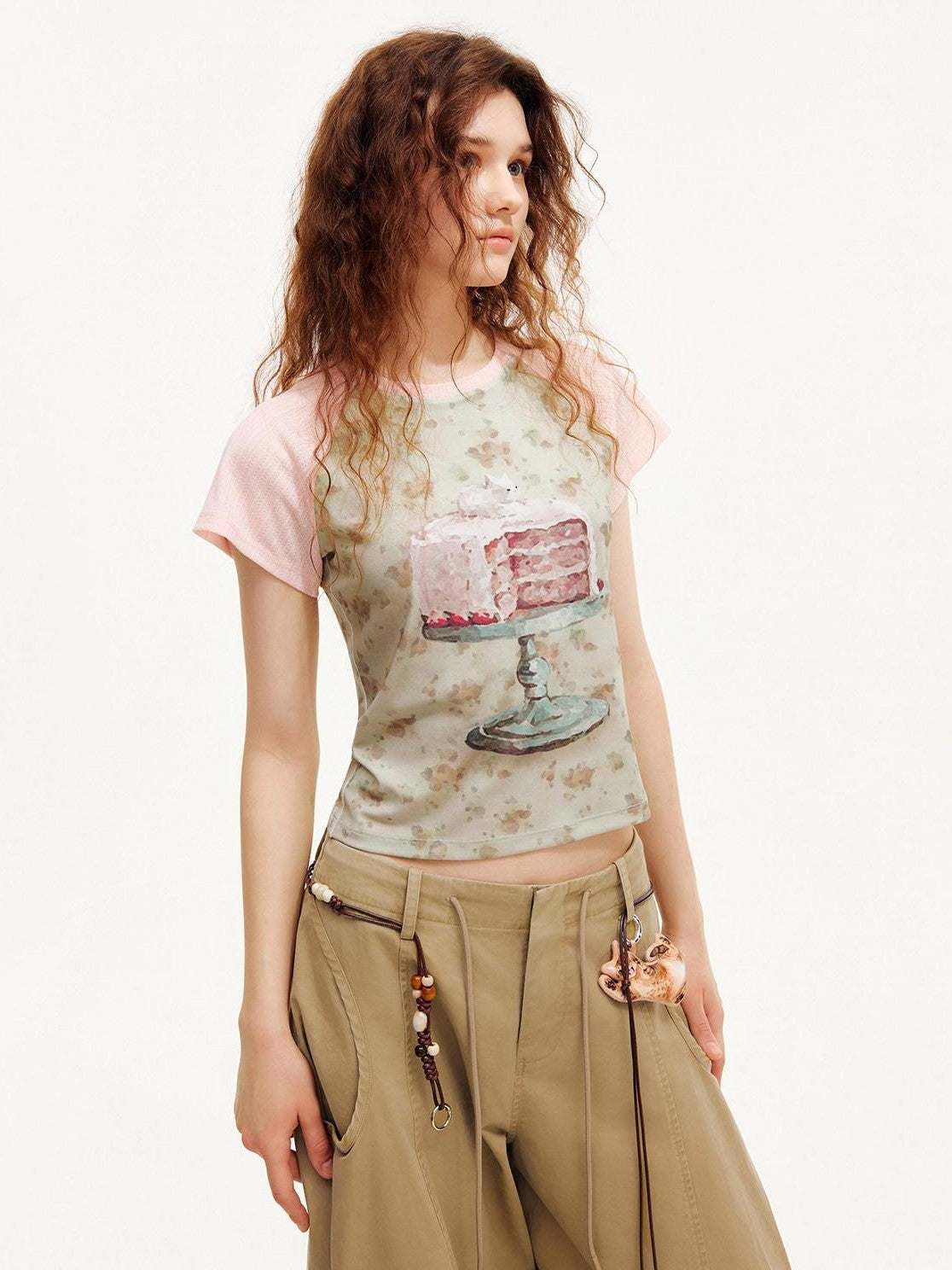 OuttheBlue Pink Textured Patchwork Raglan Food Print Women&