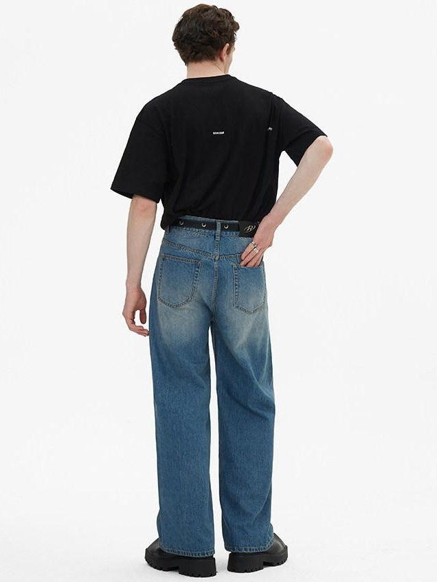 RUN TO THE FUTURE Breathable Washed Mid Rise Asymmetrical Multi Pocket Relaxed Blue Straight Jeans