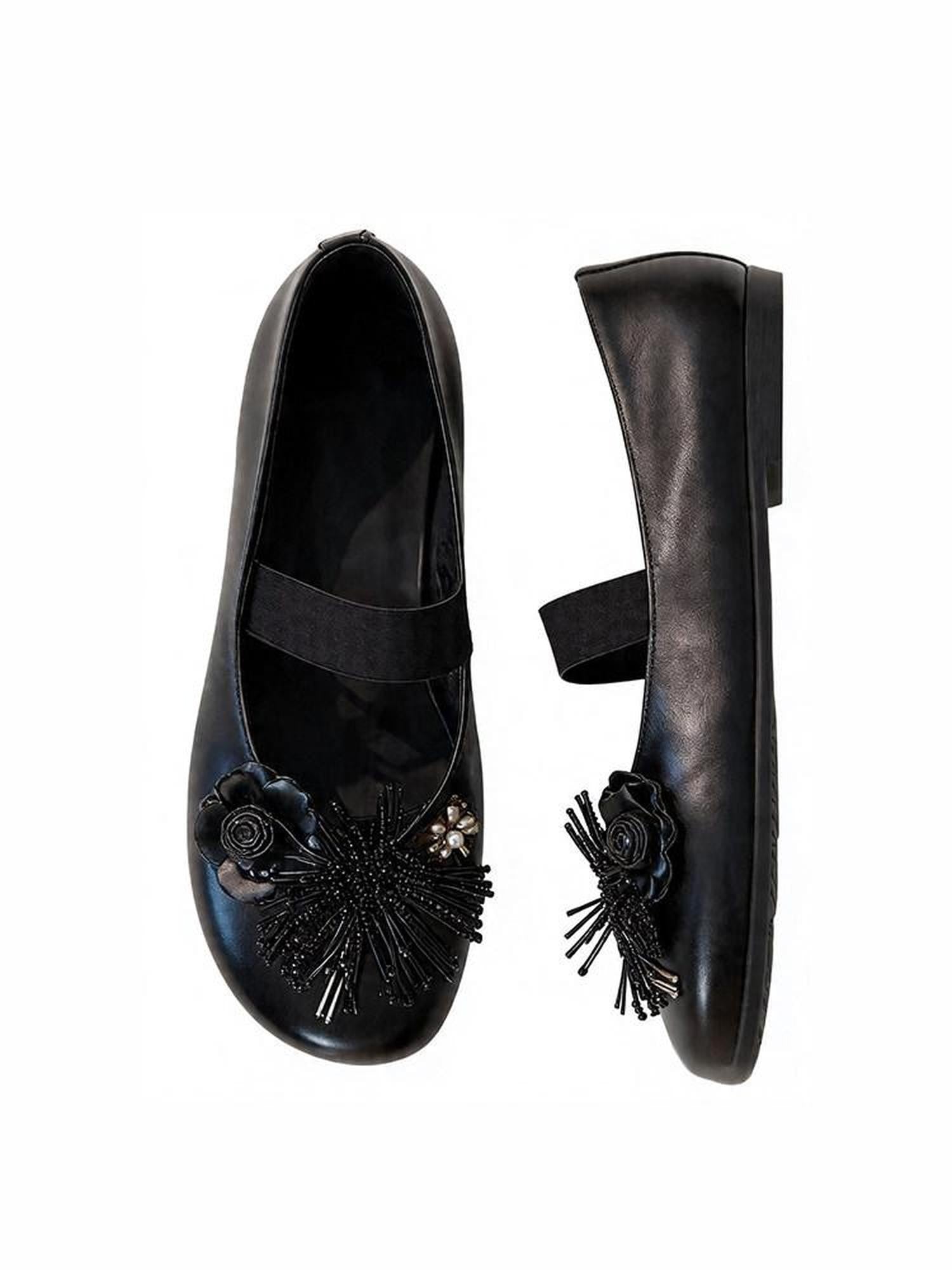 AnnoMundi Round Toe Black Floral Embellished One Strap Women&