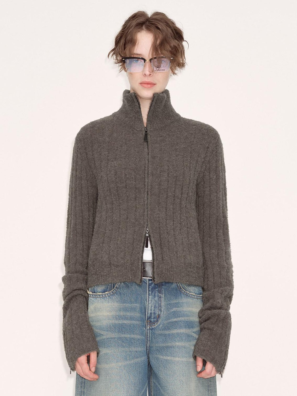 RUN TO THE FUTURE Acrylic Wool Blend Slim Zip High Neck Office Cropped Olive Cardigans