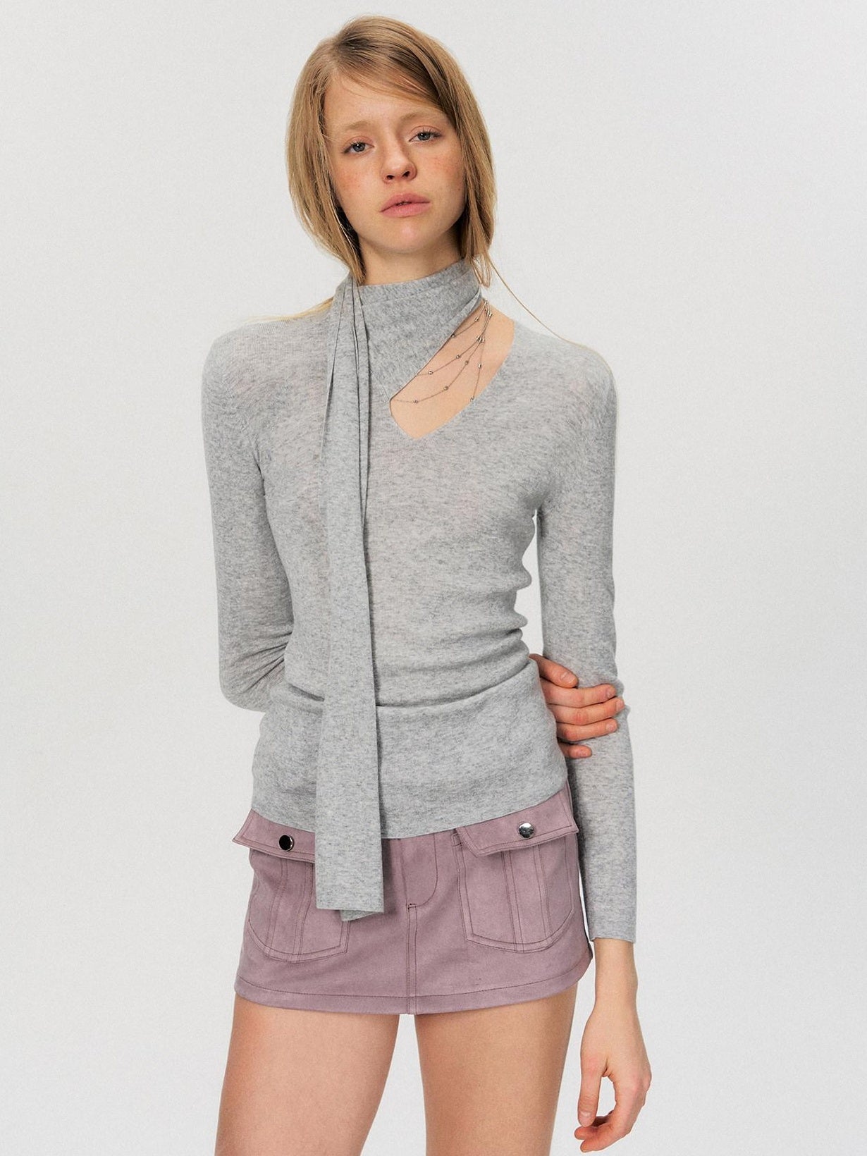 The NeverMore Soft Wool Blend Slim Knit Pullover Womens Casual Grey Pink Long Sleeve T-Shirts