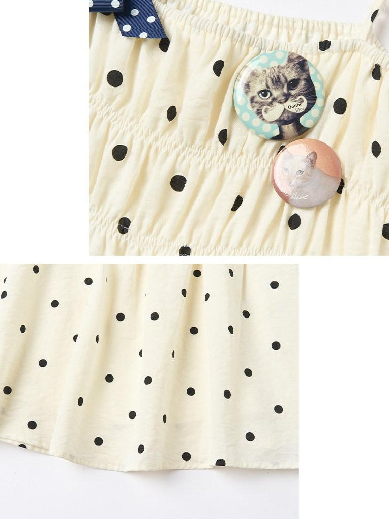 OuttheBlue Soft Cotton Loose Fit Polka Dot Spaghetti Strap Beige Slip Mini Dresses