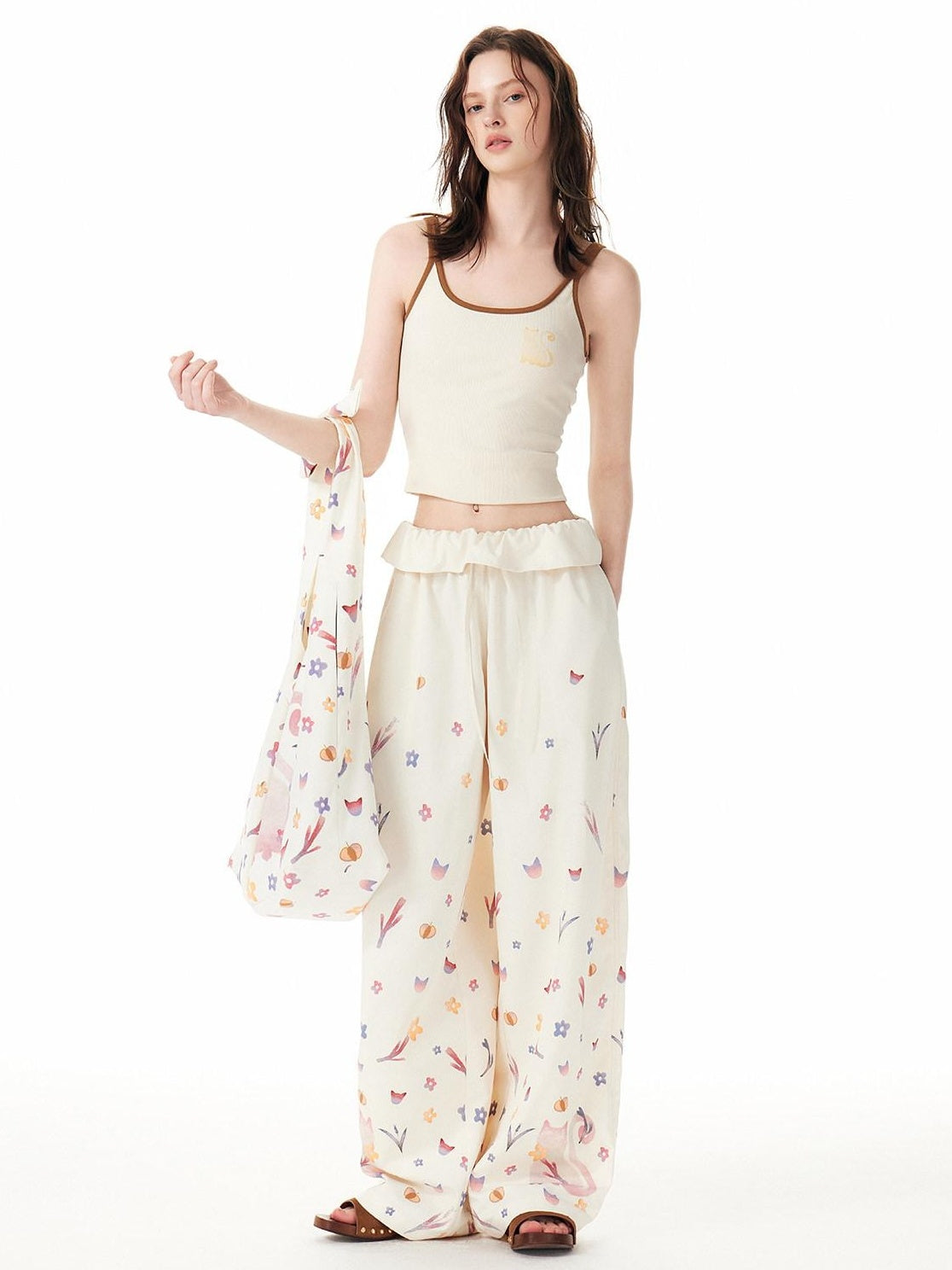 OuttheBlue Cute Cat Floral Print Sweet Natural Waist Long Polyester Women Straight Pants