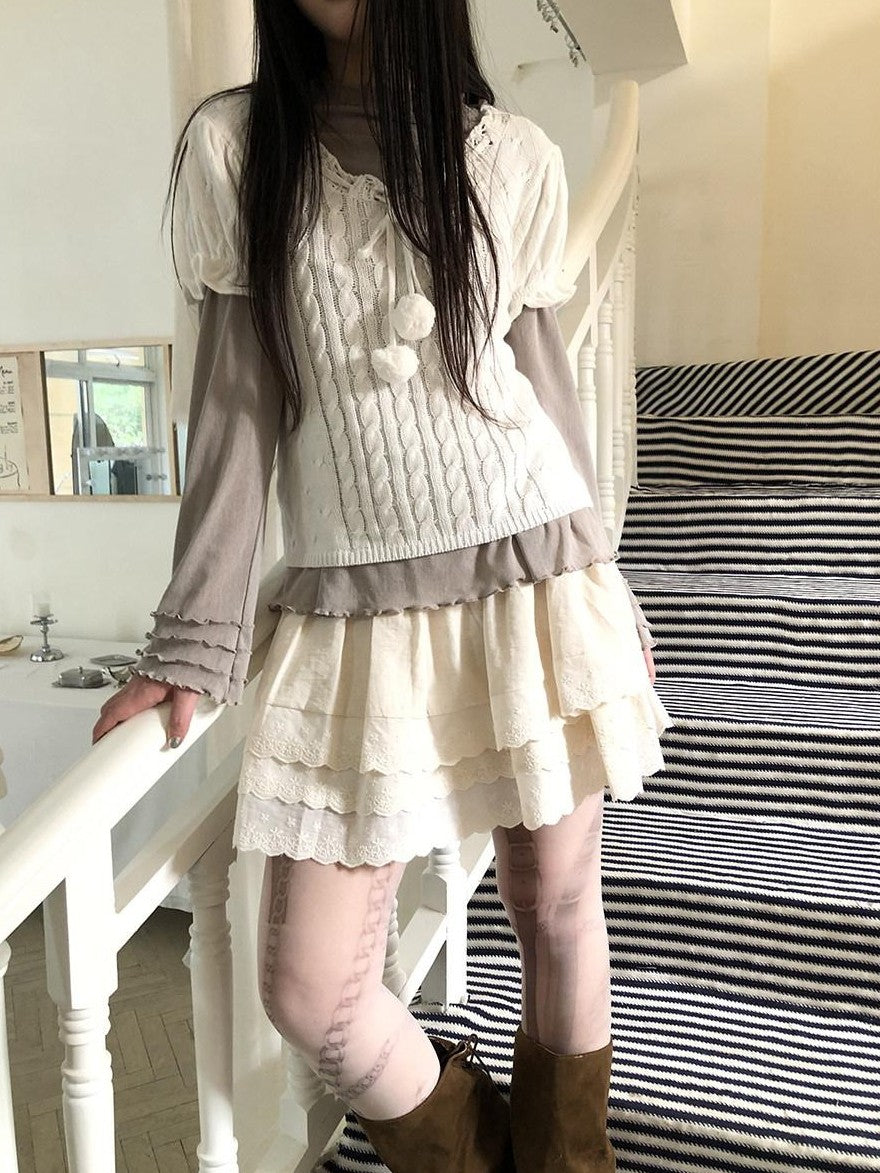 ang project Light Apricot Lace Spliced Embroidered High Waist Elastic A Line Women&