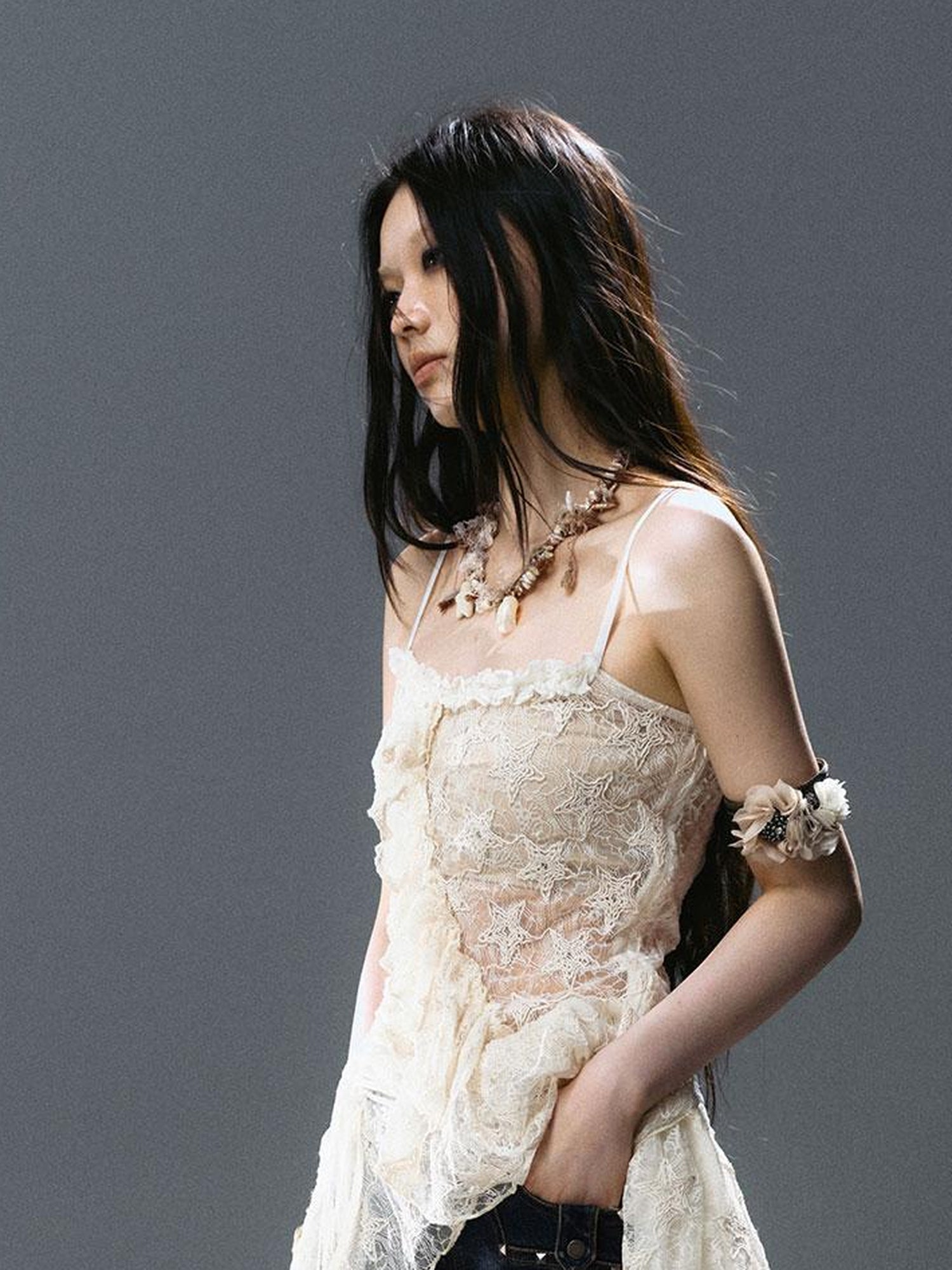 Update c Asymmetric Pleat Lace Mesh Slip Dress