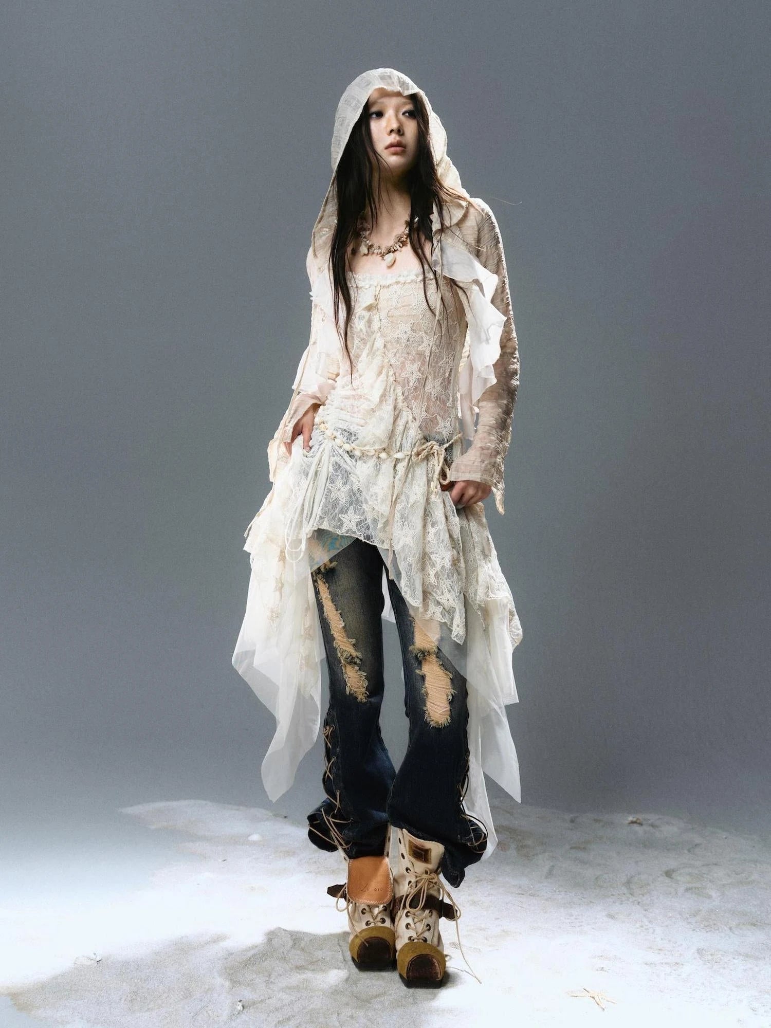 Asymmetric Pleat Lace Mesh Slip Dress