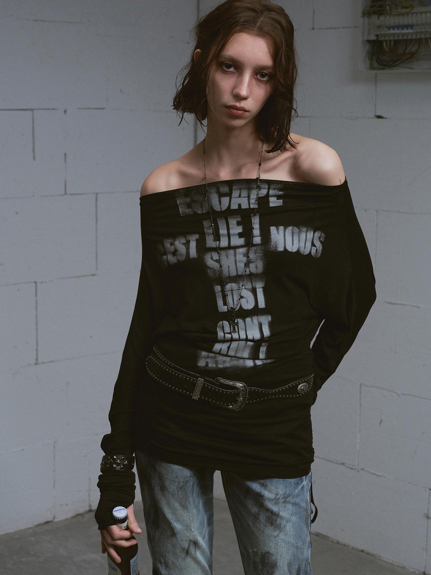 Update c Cross Print Rayon Batwing Long Sleeve Tee