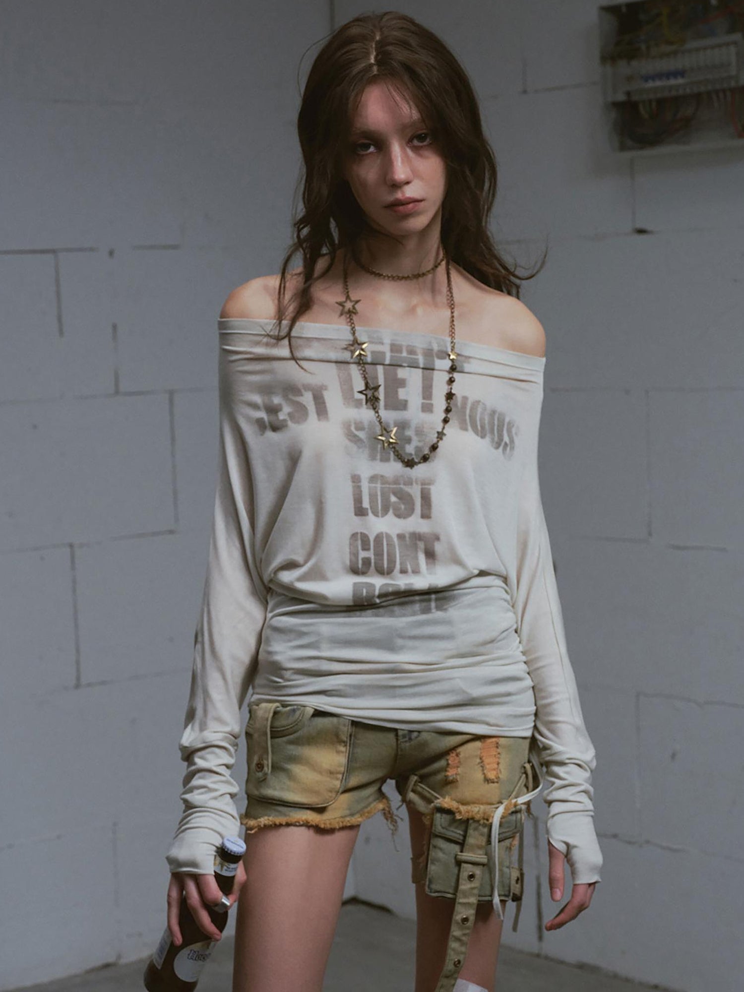 Update c Cross Print Rayon Batwing Long Sleeve Tee