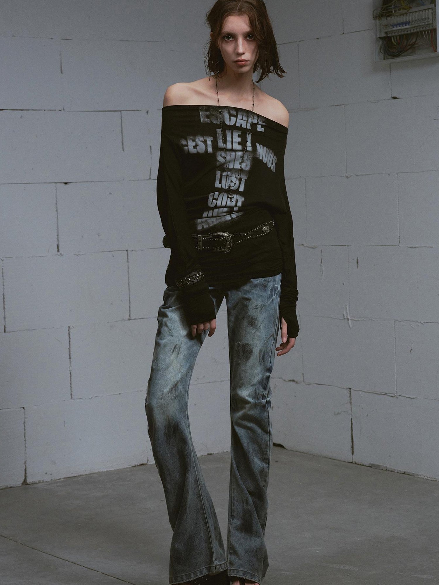 Update c Cross Print Rayon Batwing Long Sleeve Tee