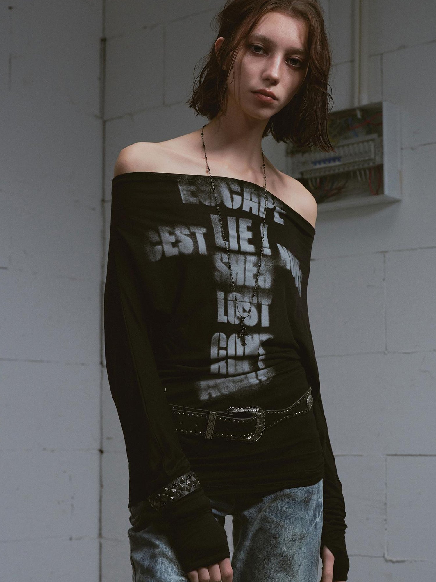 Update c Cross Print Rayon Batwing Long Sleeve Tee