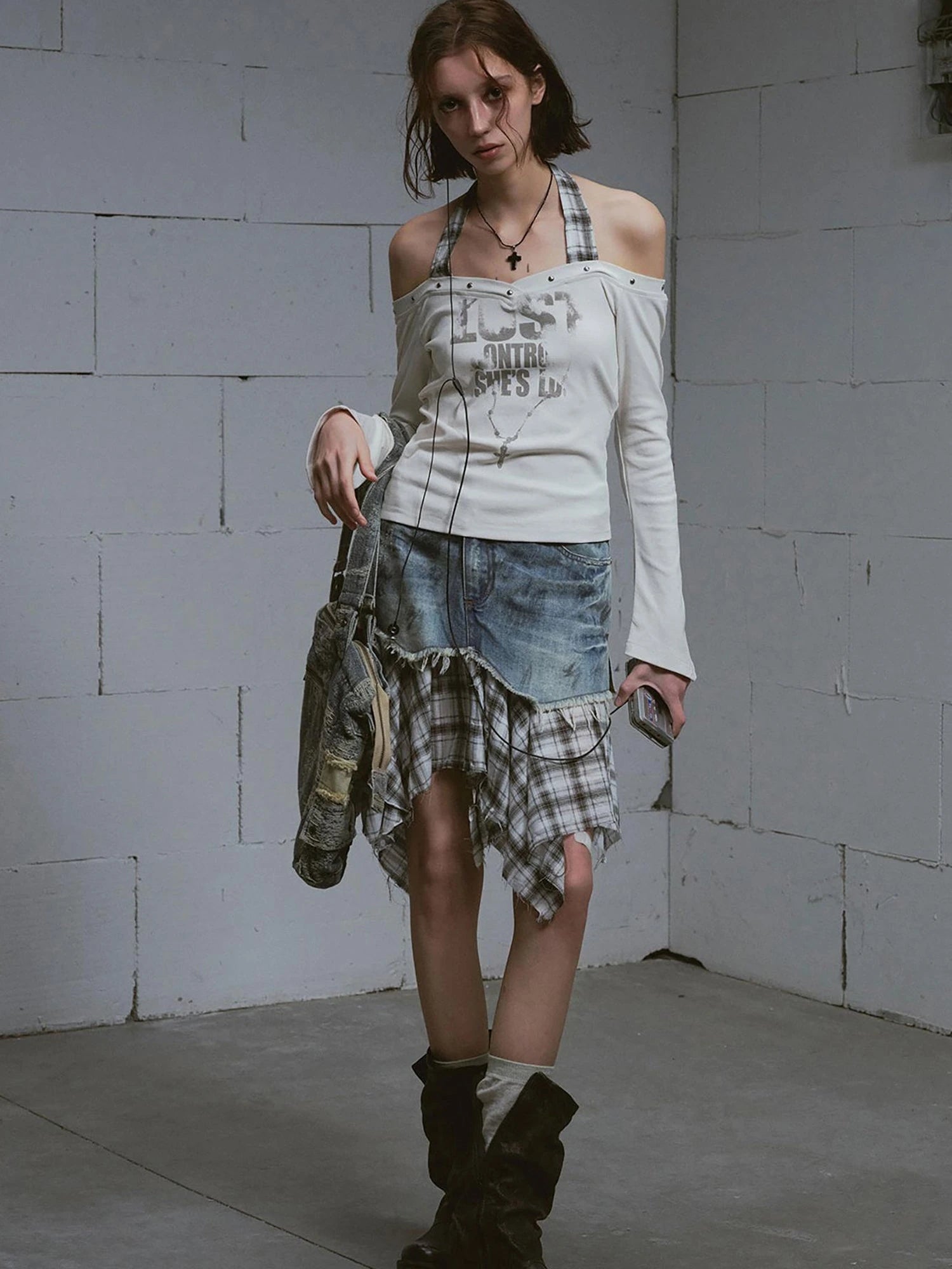 Dirty Wash Deconstructed Checkered Denim Skirt