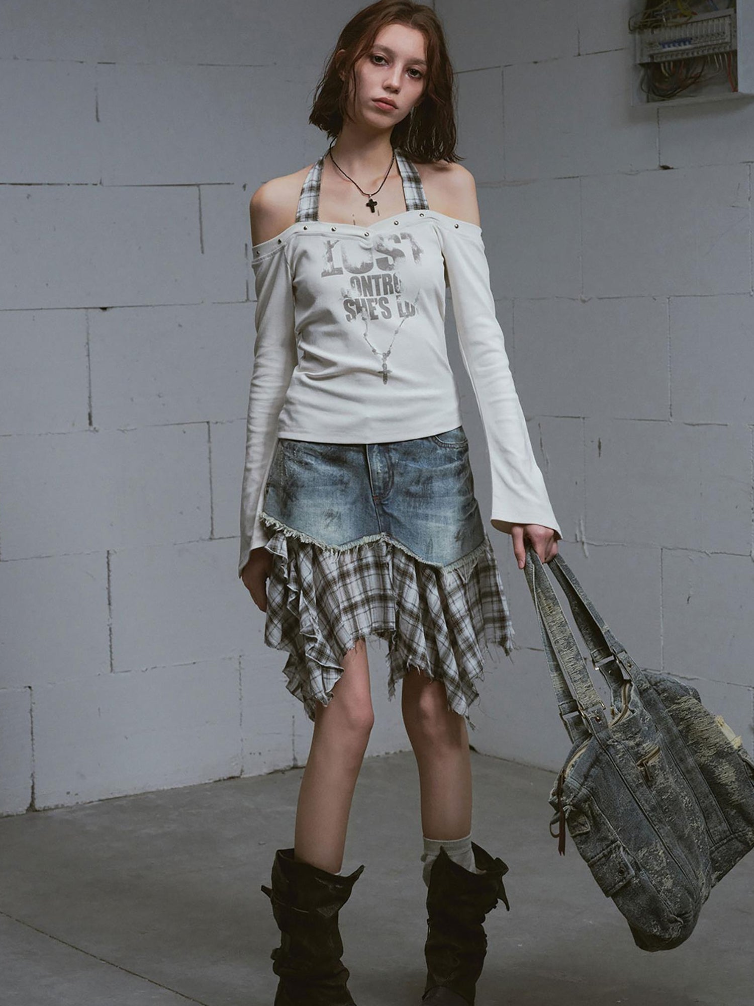 Update c Dirty Wash Deconstructed Checkered Denim Skirt