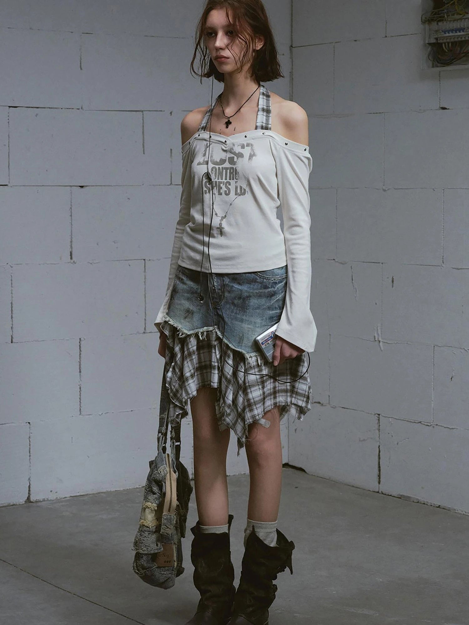 Dirty Wash Deconstructed Checkered Denim Skirt