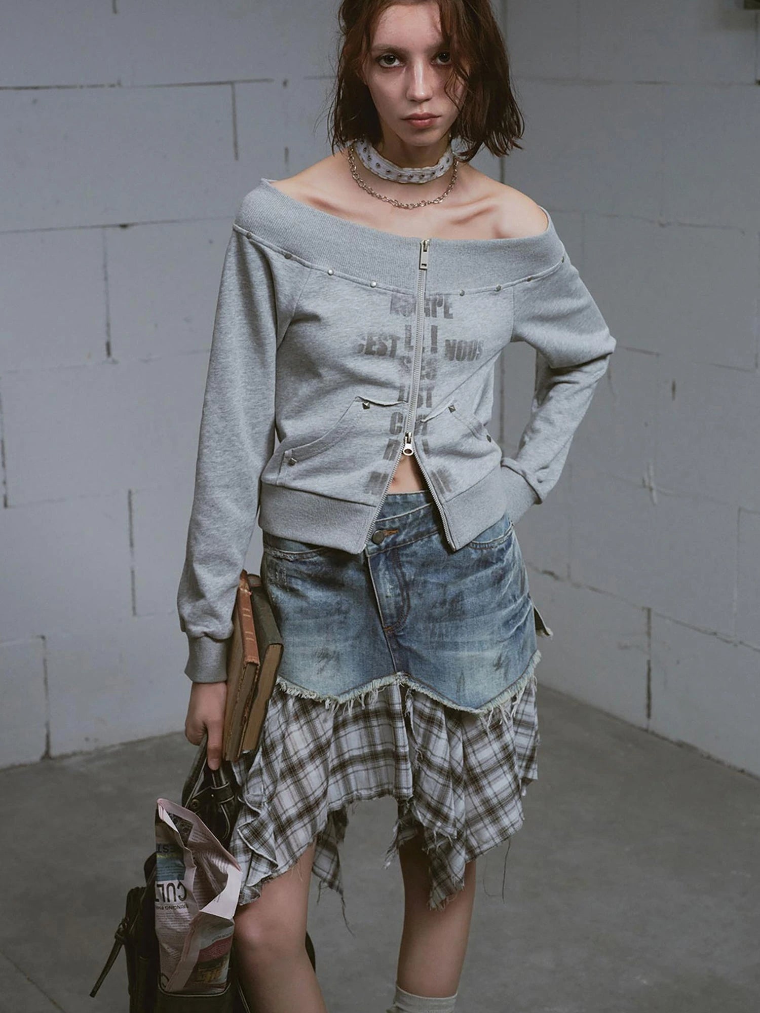 Dirty Wash Deconstructed Checkered Denim Skirt