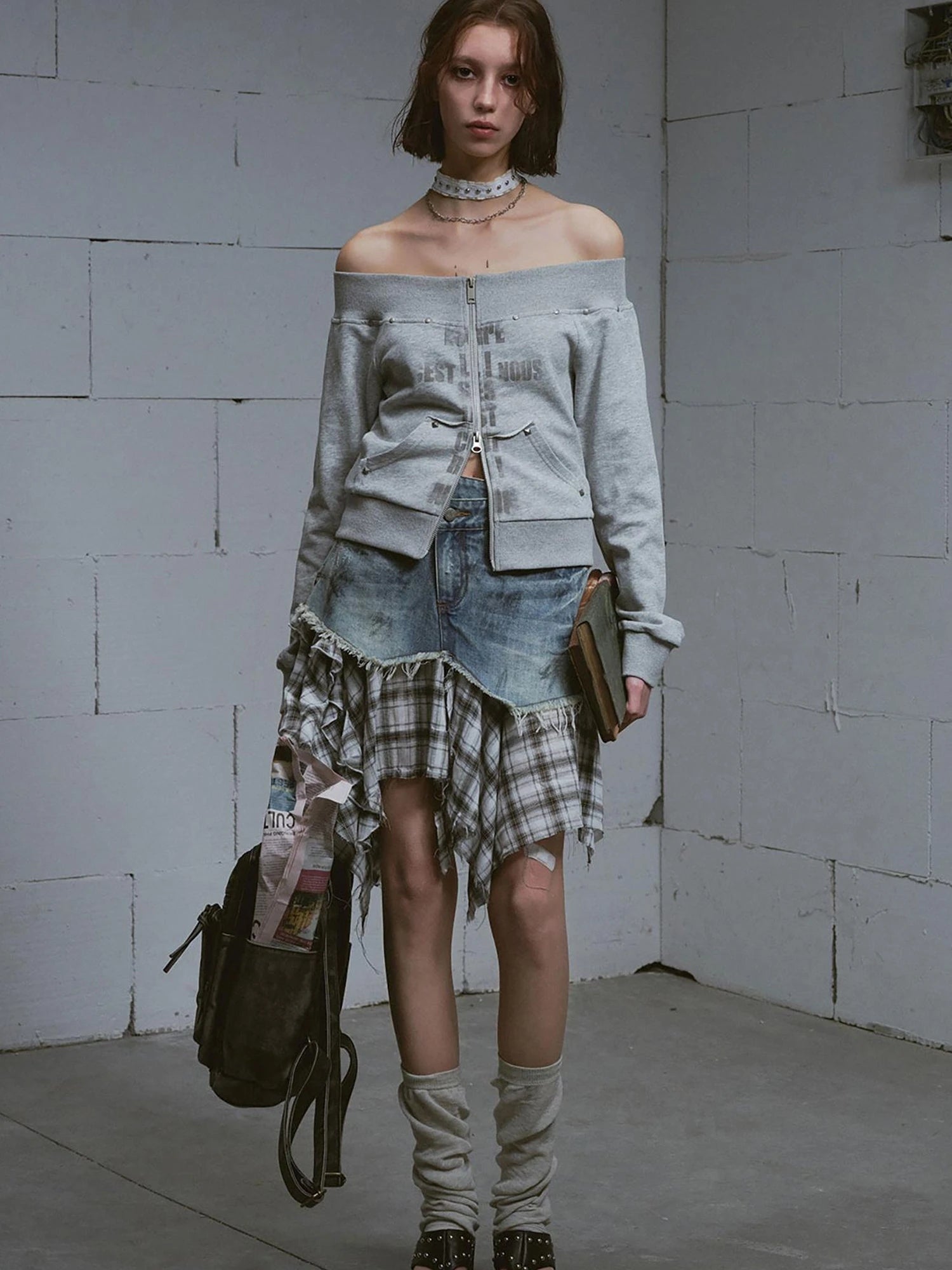 Dirty Wash Deconstructed Checkered Denim Skirt
