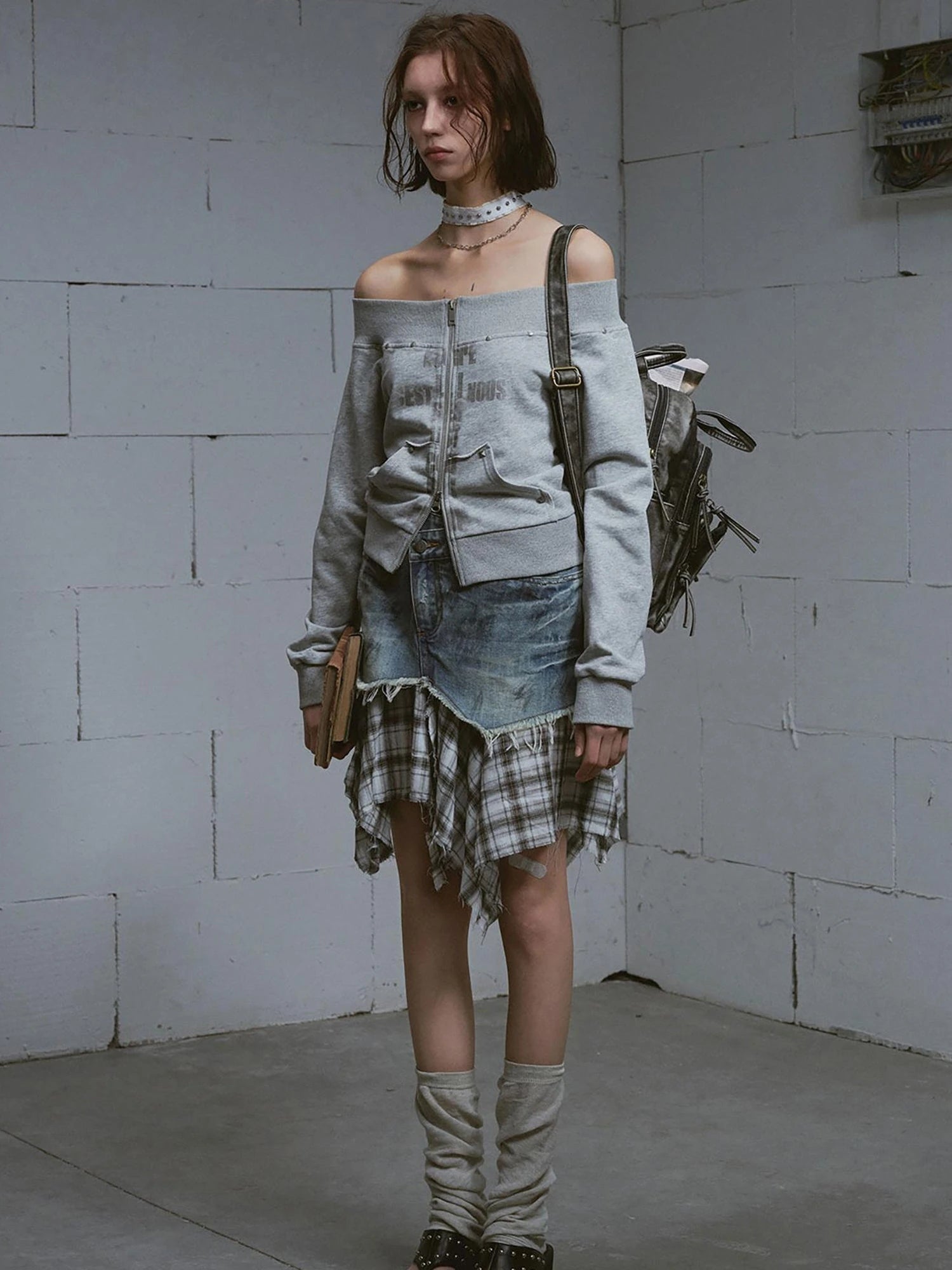 Dirty Wash Deconstructed Checkered Denim Skirt