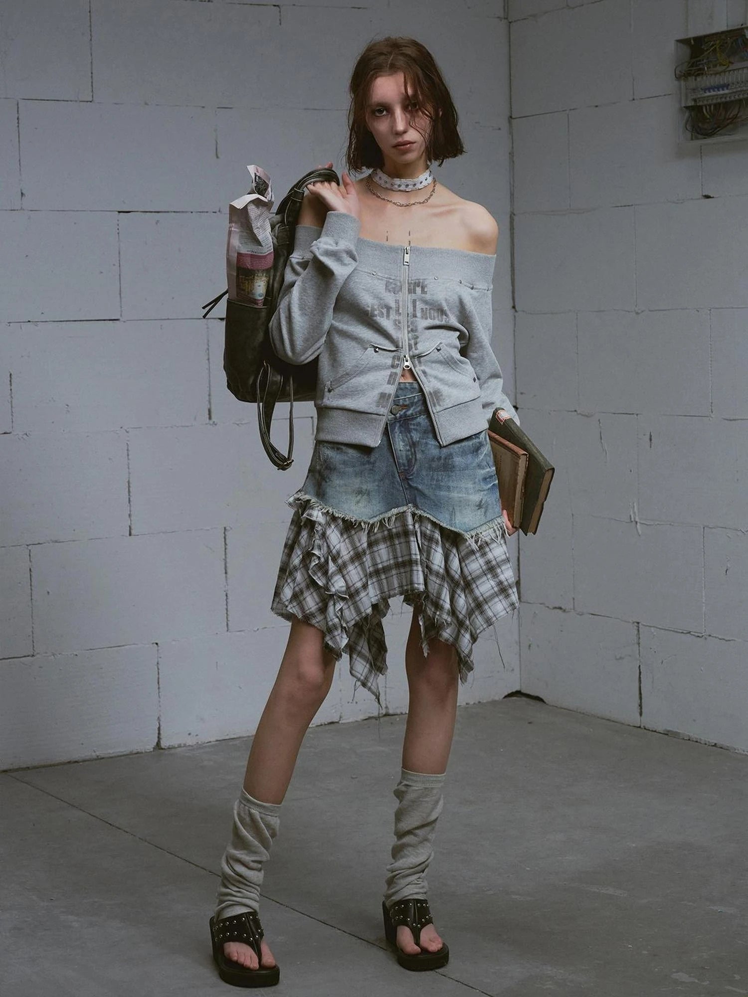 Dirty Wash Deconstructed Checkered Denim Skirt