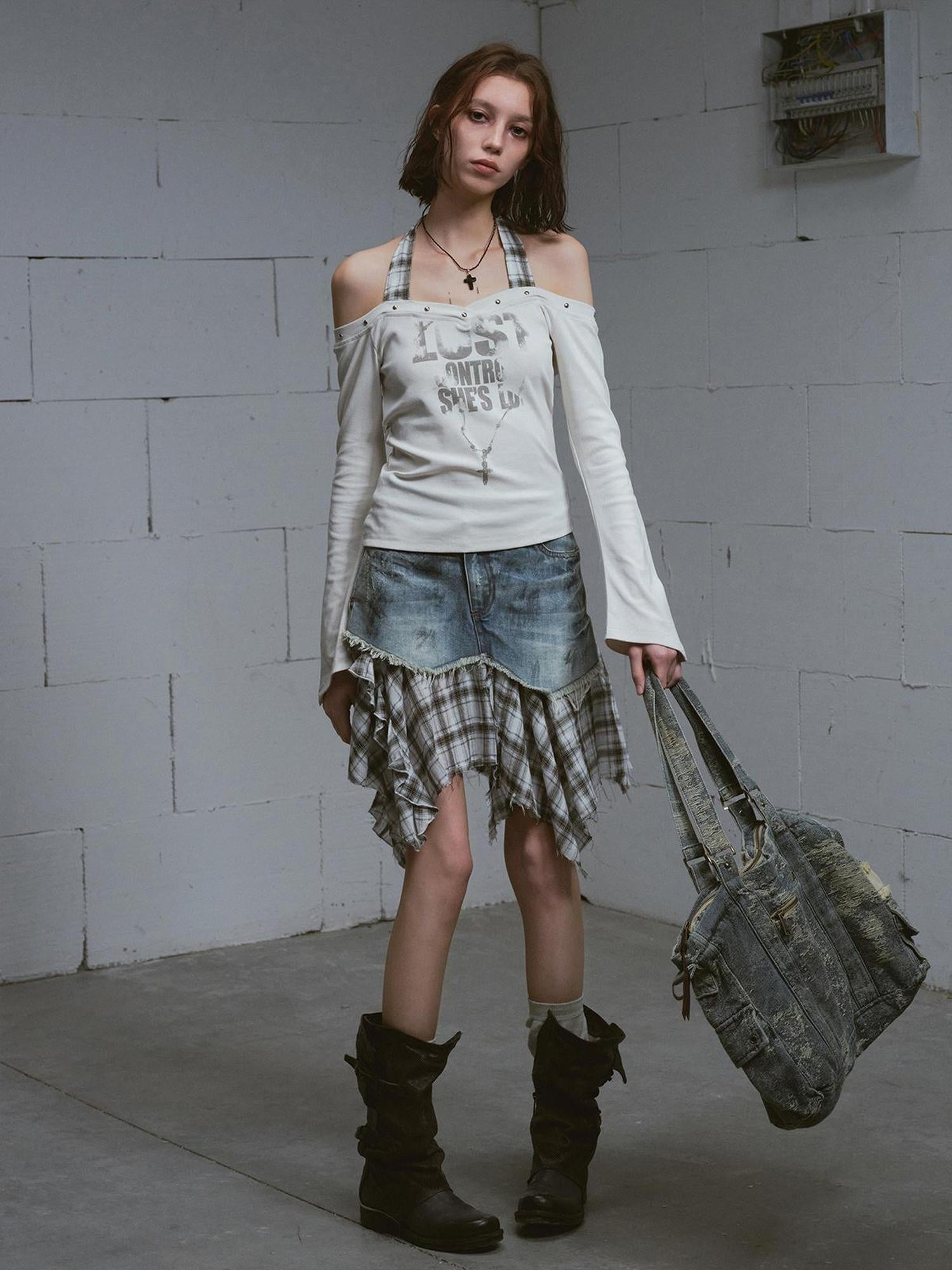 Update c Dirty Wash Deconstructed Checkered Denim Skirt