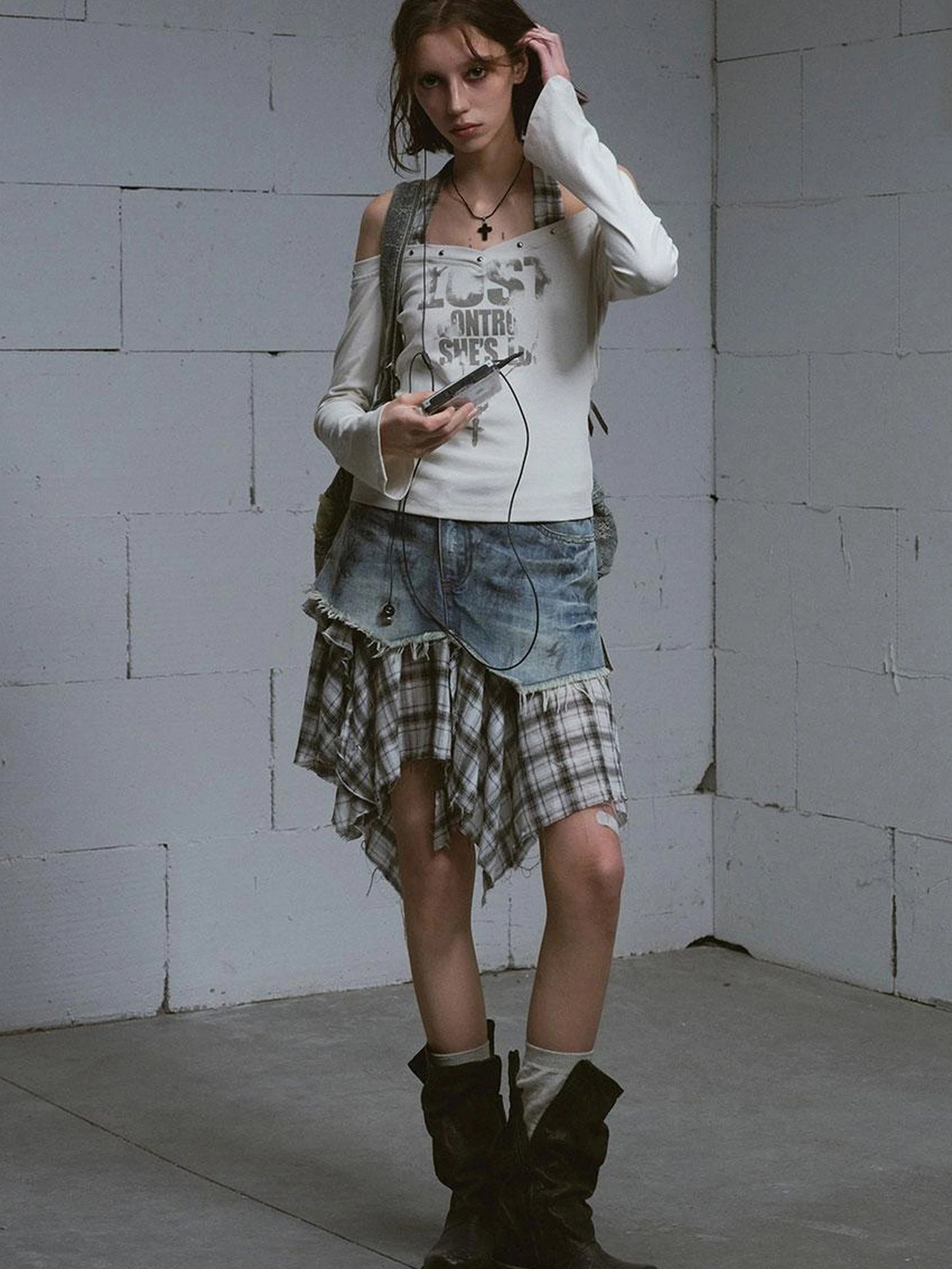 Dirty Wash Deconstructed Checkered Denim Skirt