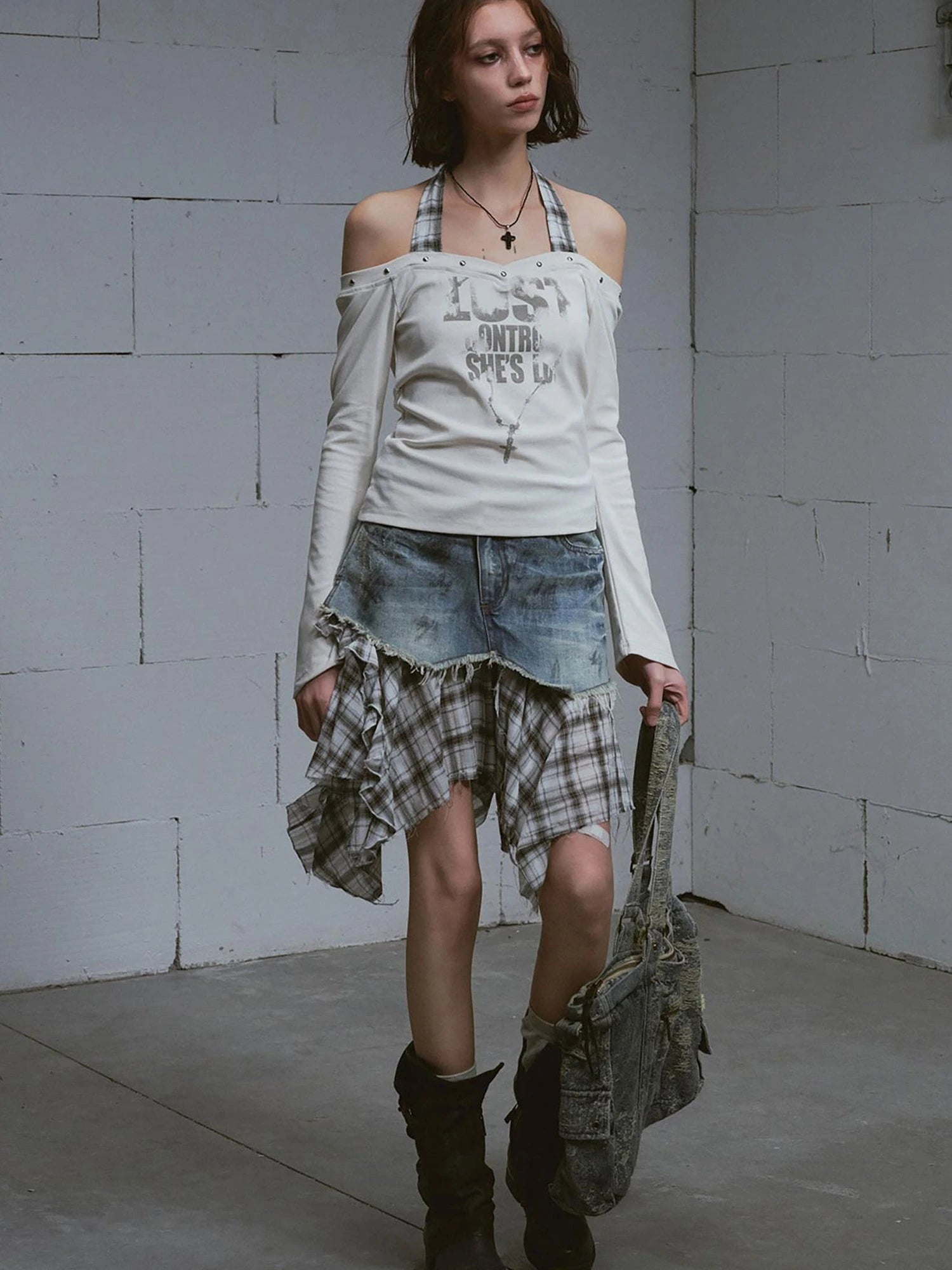 Dirty Wash Deconstructed Checkered Denim Skirt