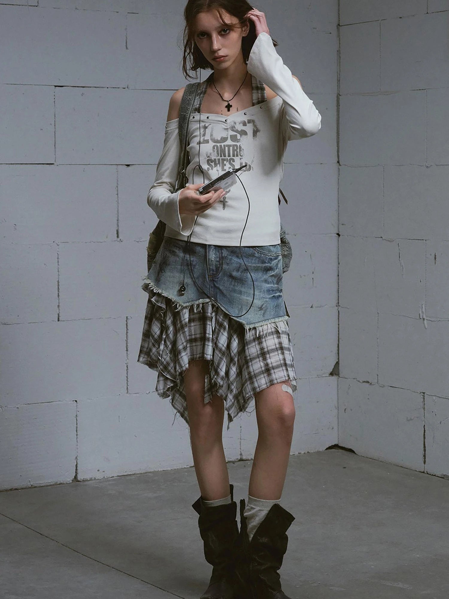 Dirty Wash Deconstructed Checkered Denim Skirt
