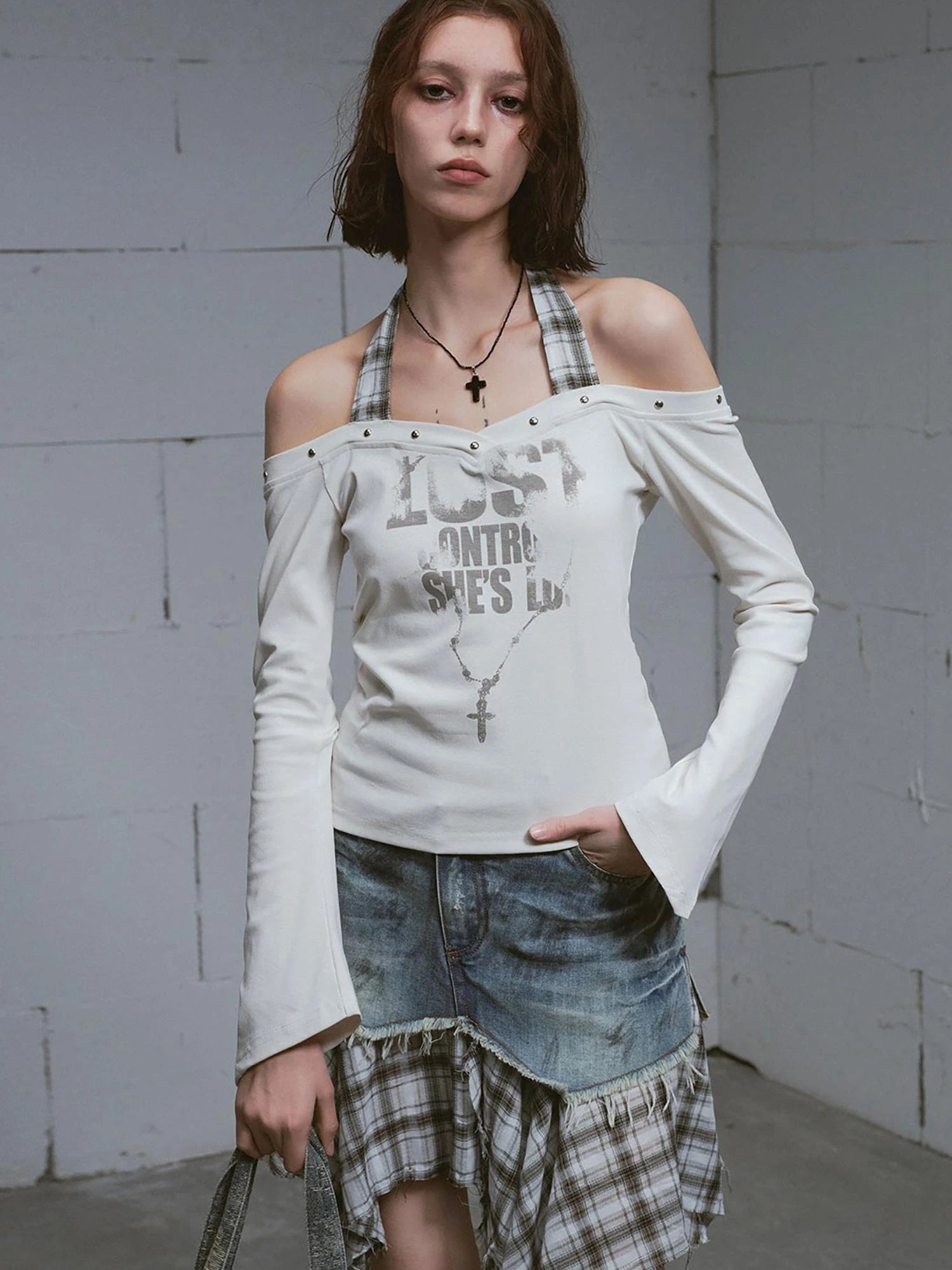 Dirty Wash Deconstructed Checkered Denim Skirt