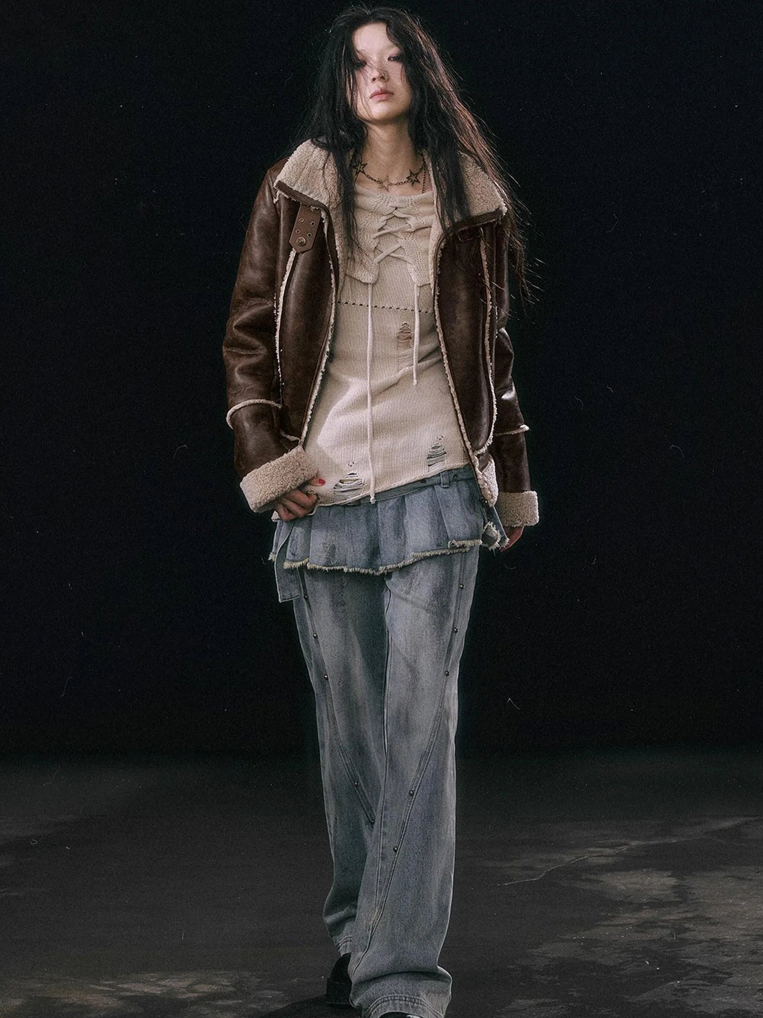 Dirty Wash Denim Cargo Culottes With Pleated Skirt