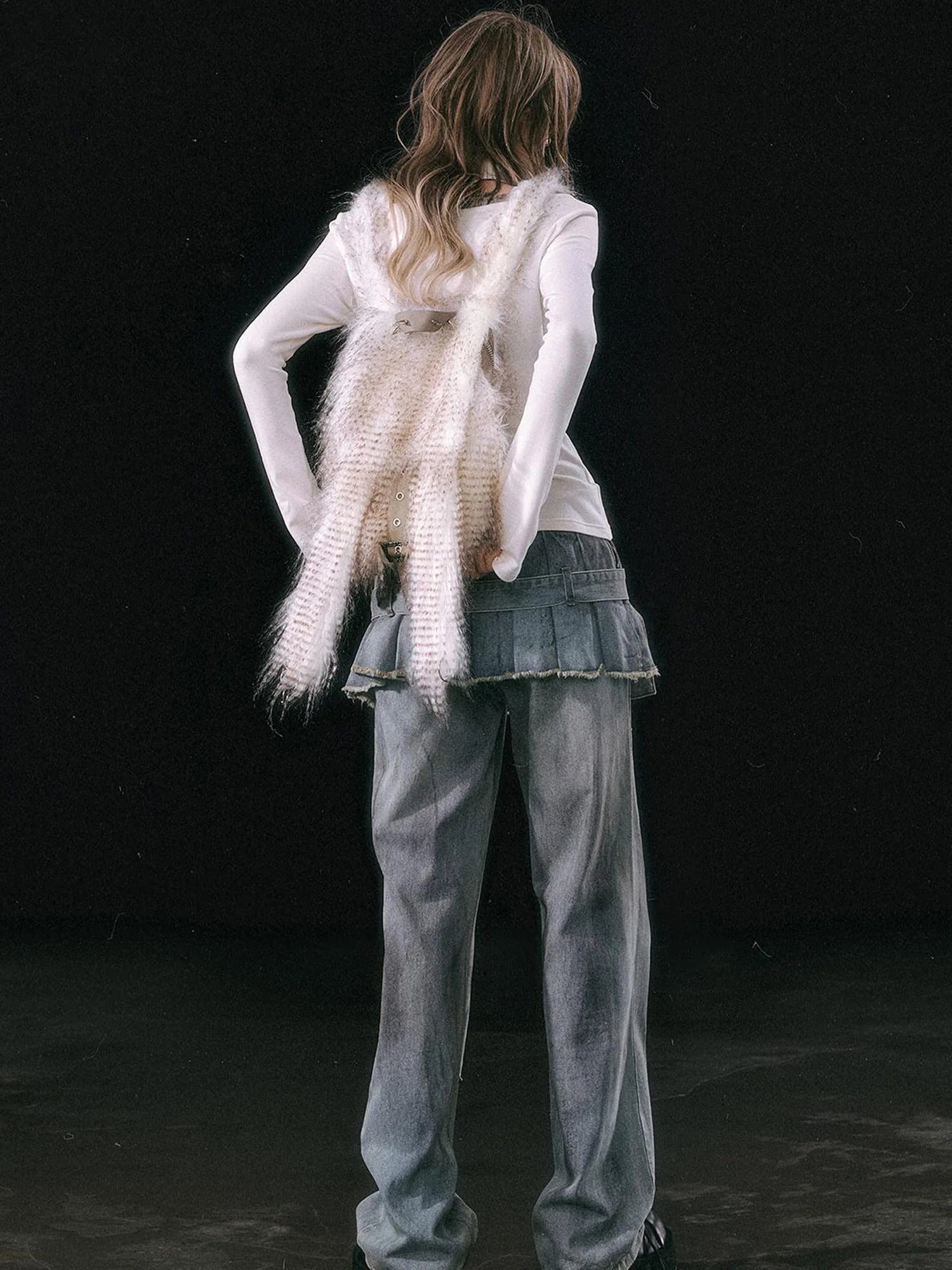 Dirty Wash Denim Cargo Culottes With Pleated Skirt