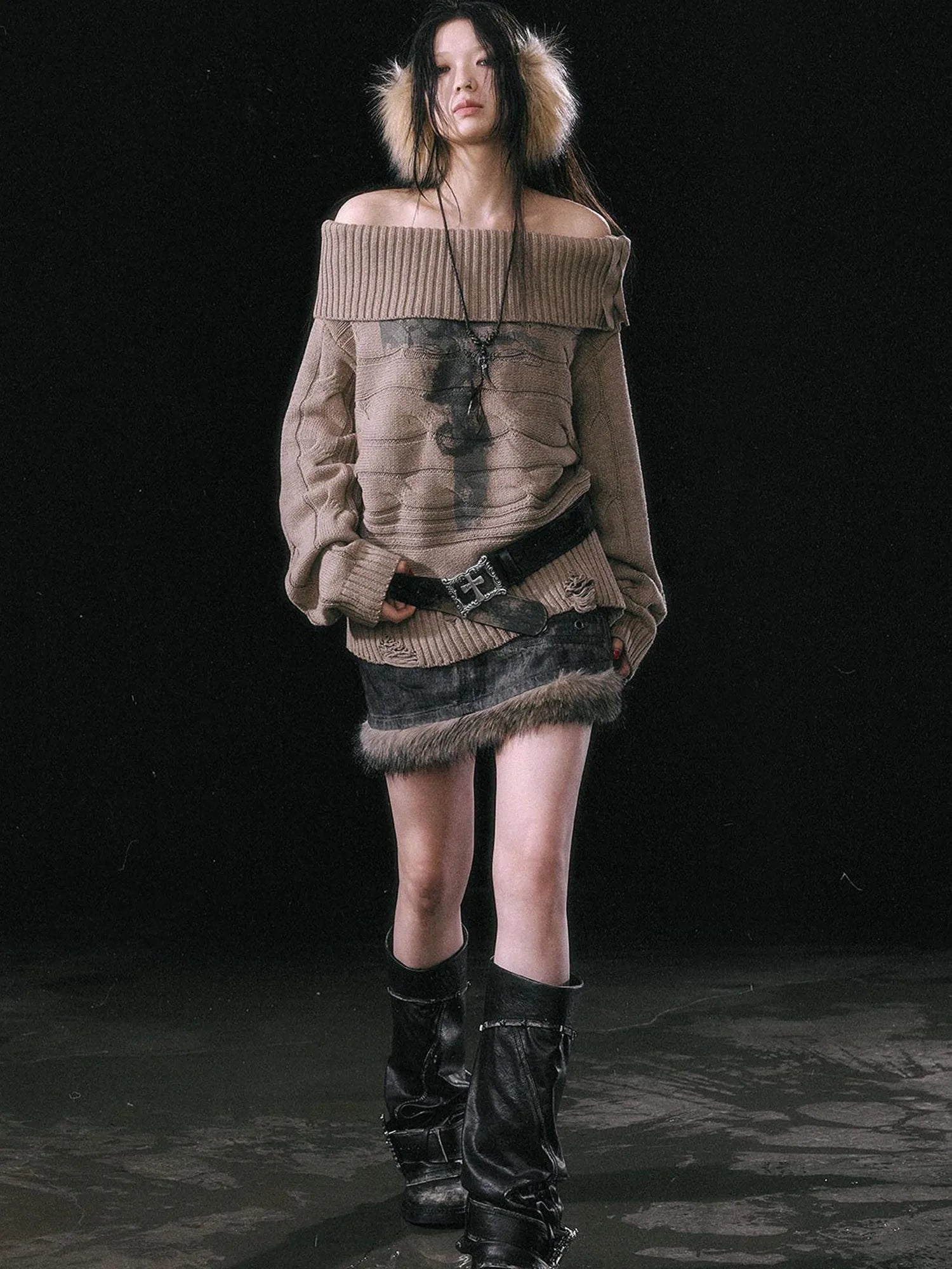 Double Layer Collar Slant Shoulder Print Sweater