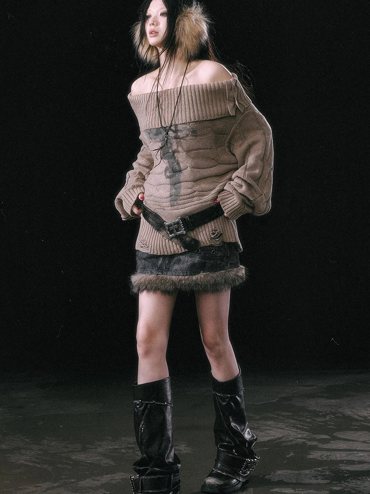 Double Layer Collar Slant Shoulder Print Sweater