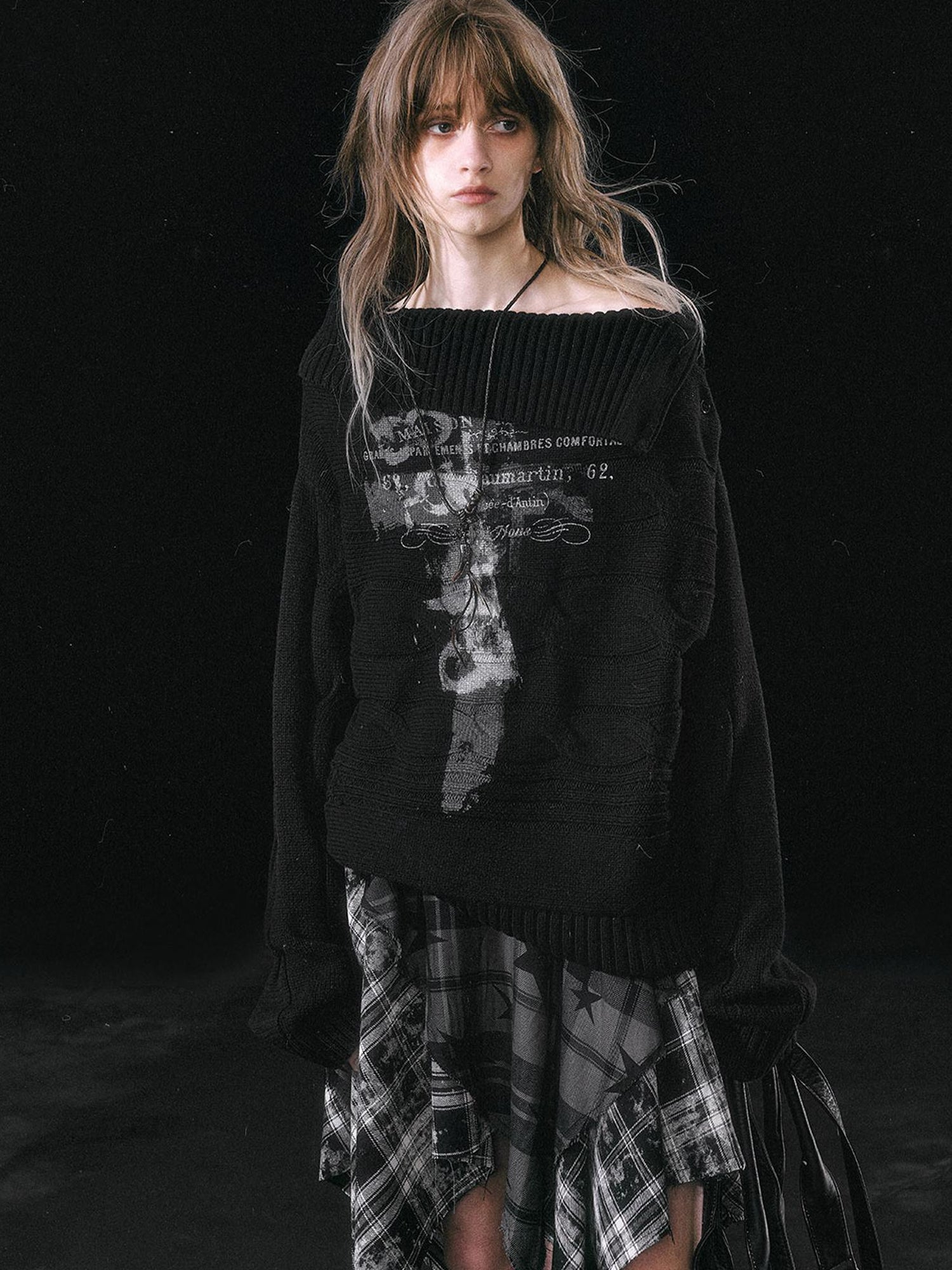 Update c Double Layer Collar Slant Shoulder Print Sweater