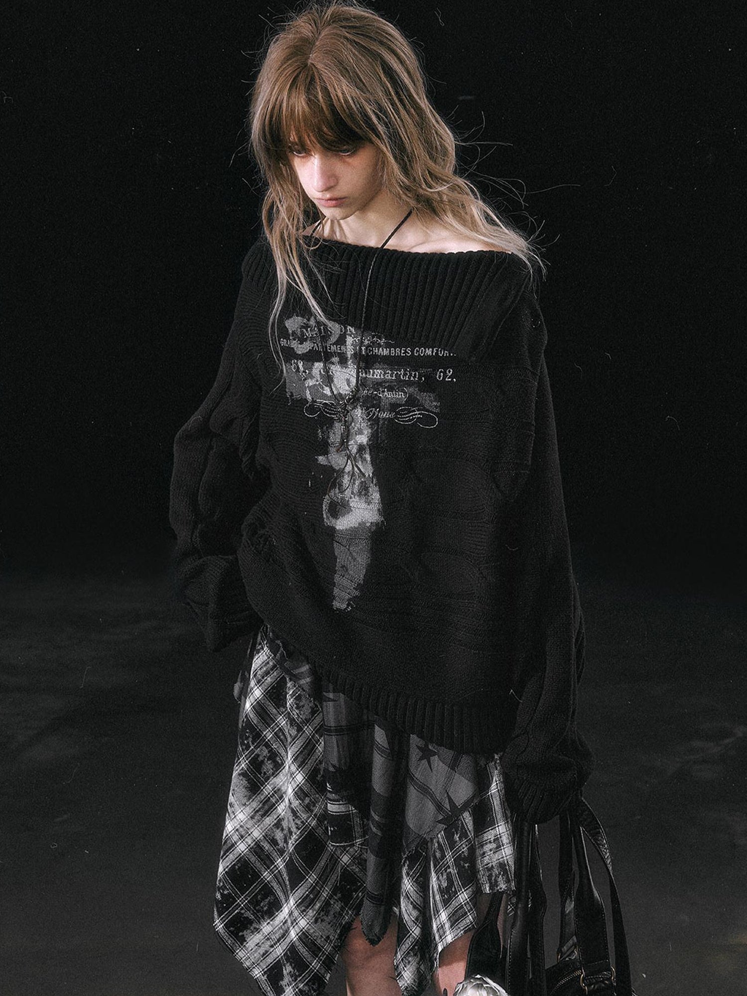 Update c Double Layer Collar Slant Shoulder Print Sweater