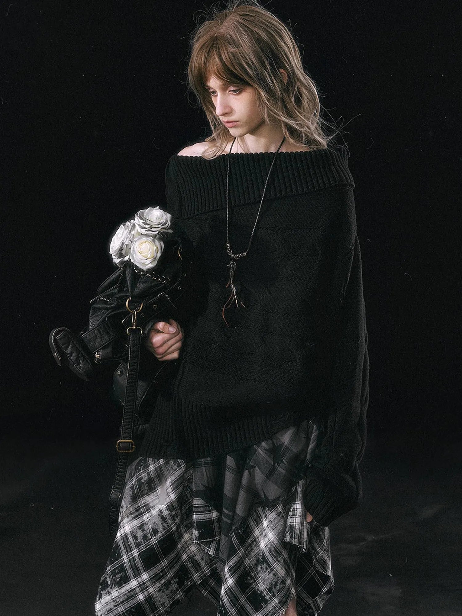 Double Layer Collar Slant Shoulder Print Sweater