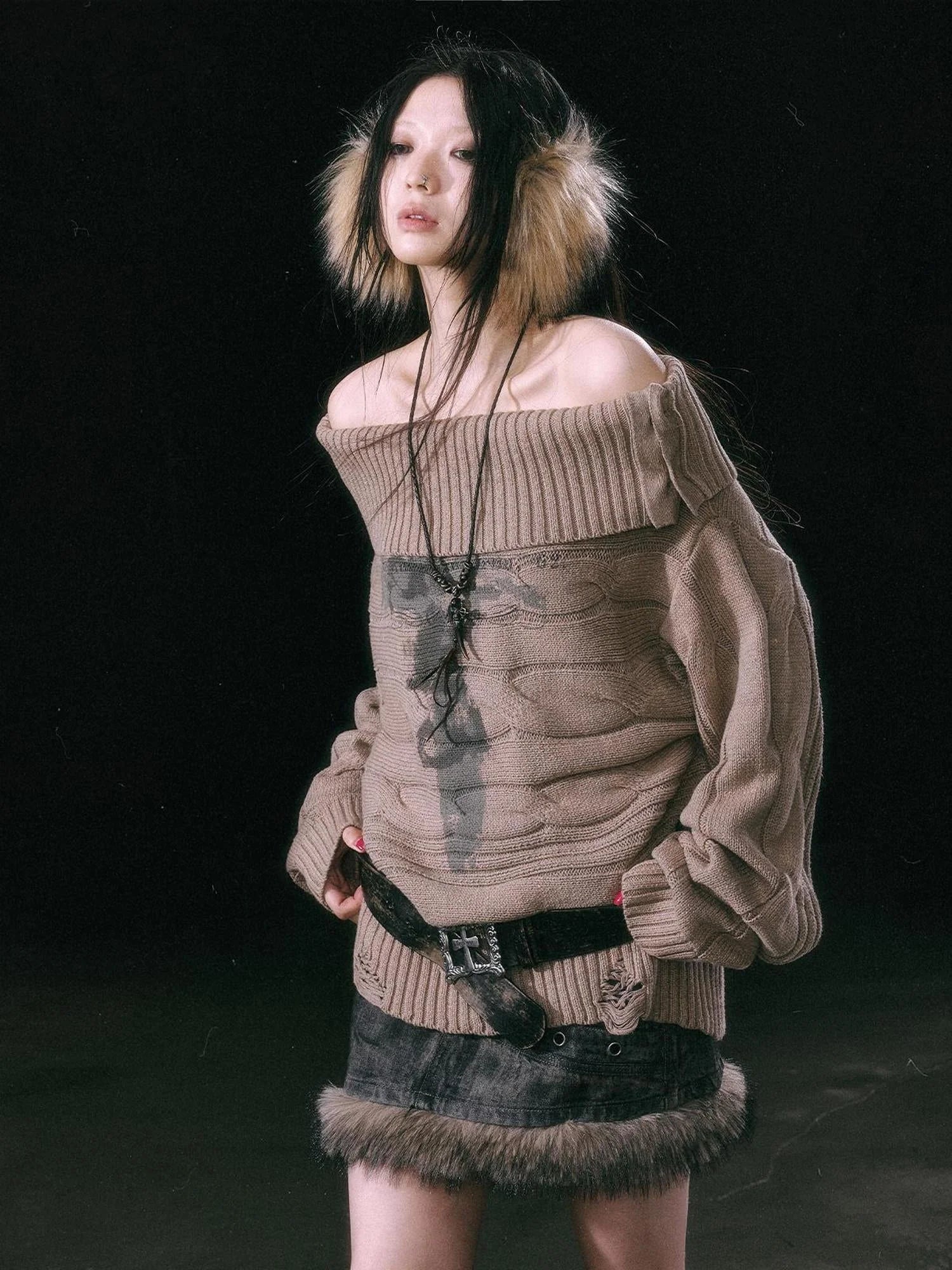 Double Layer Collar Slant Shoulder Print Sweater