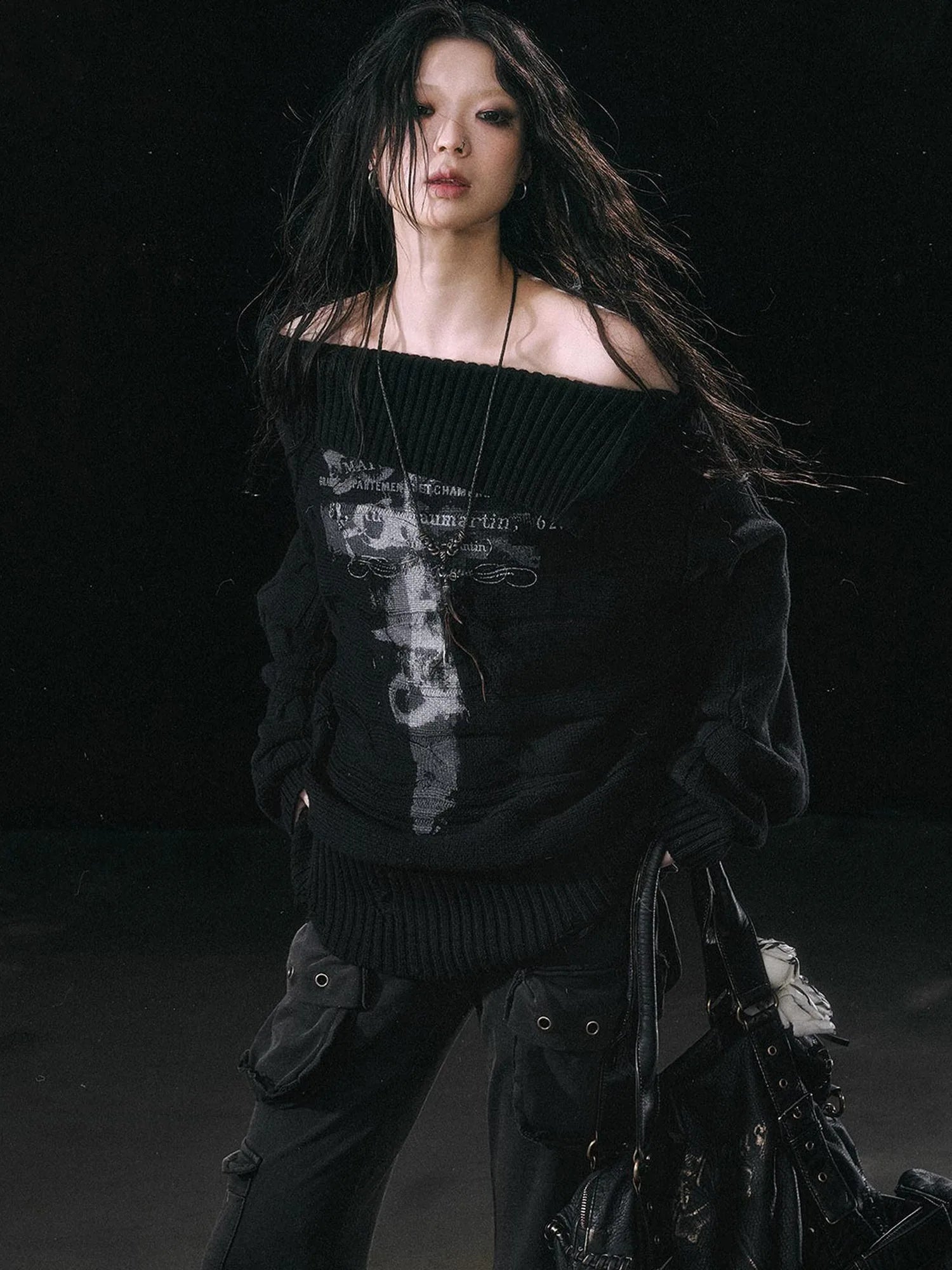 Double Layer Collar Slant Shoulder Print Sweater