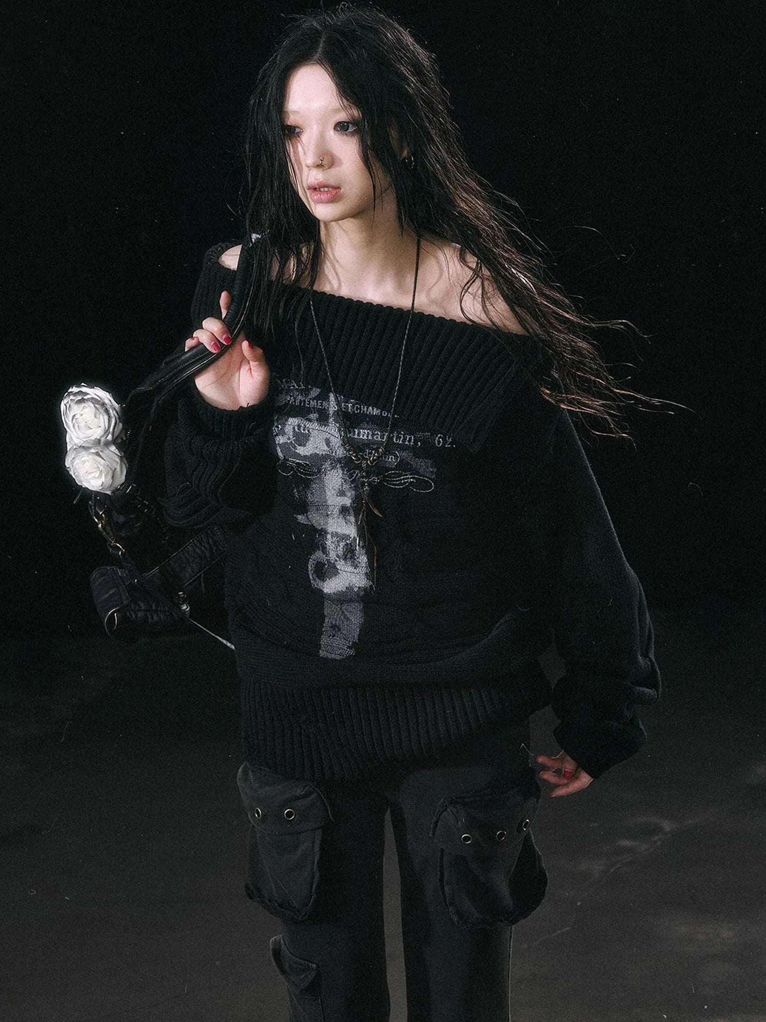 Double Layer Collar Slant Shoulder Print Sweater