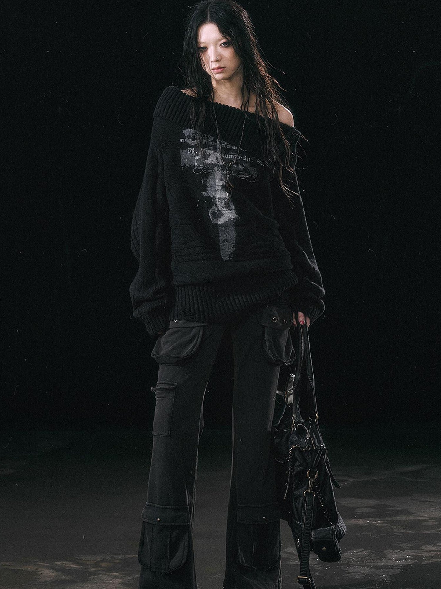 Update c Double Layer Collar Slant Shoulder Print Sweater