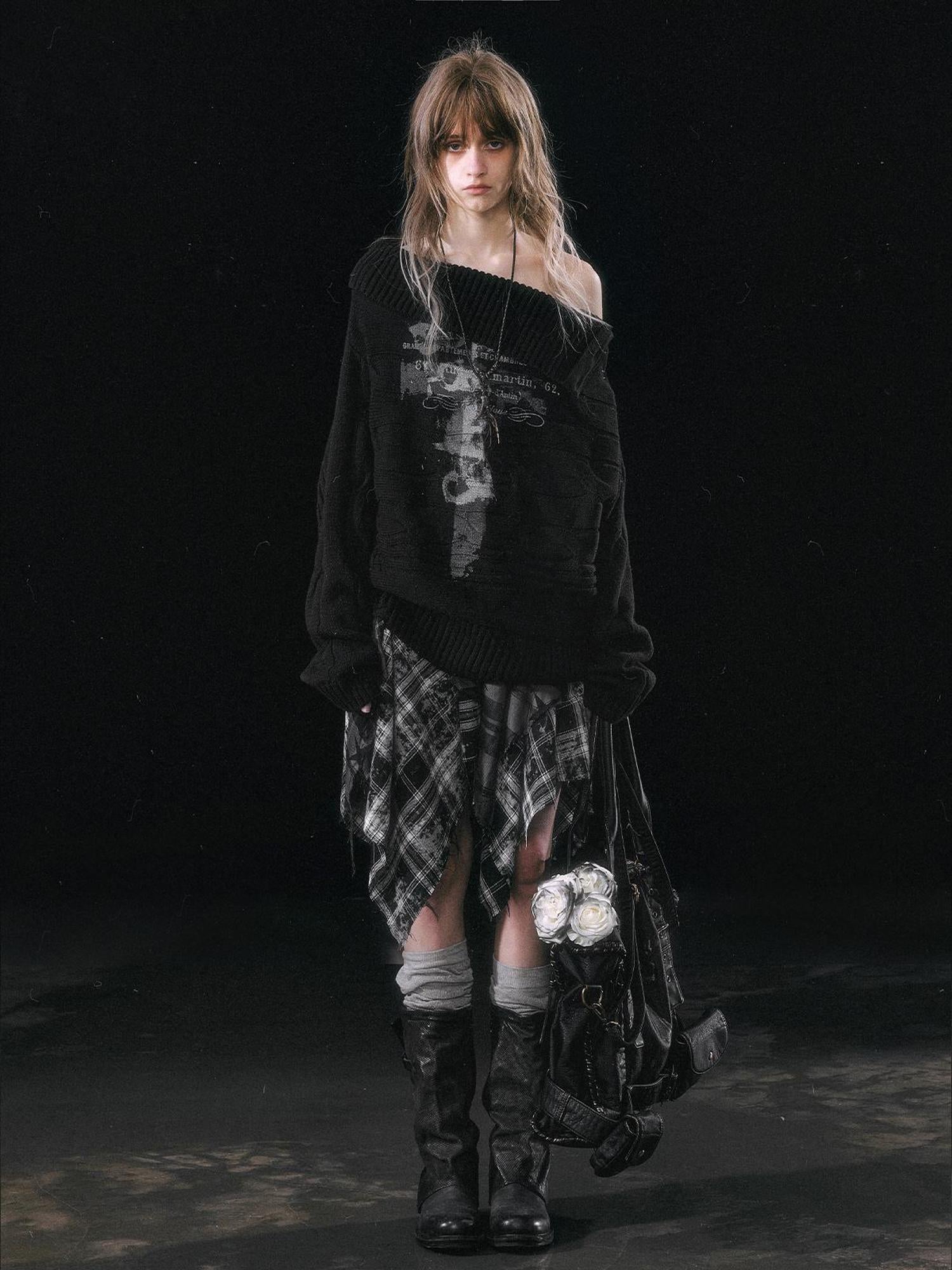 Update c Double Layer Collar Slant Shoulder Print Sweater
