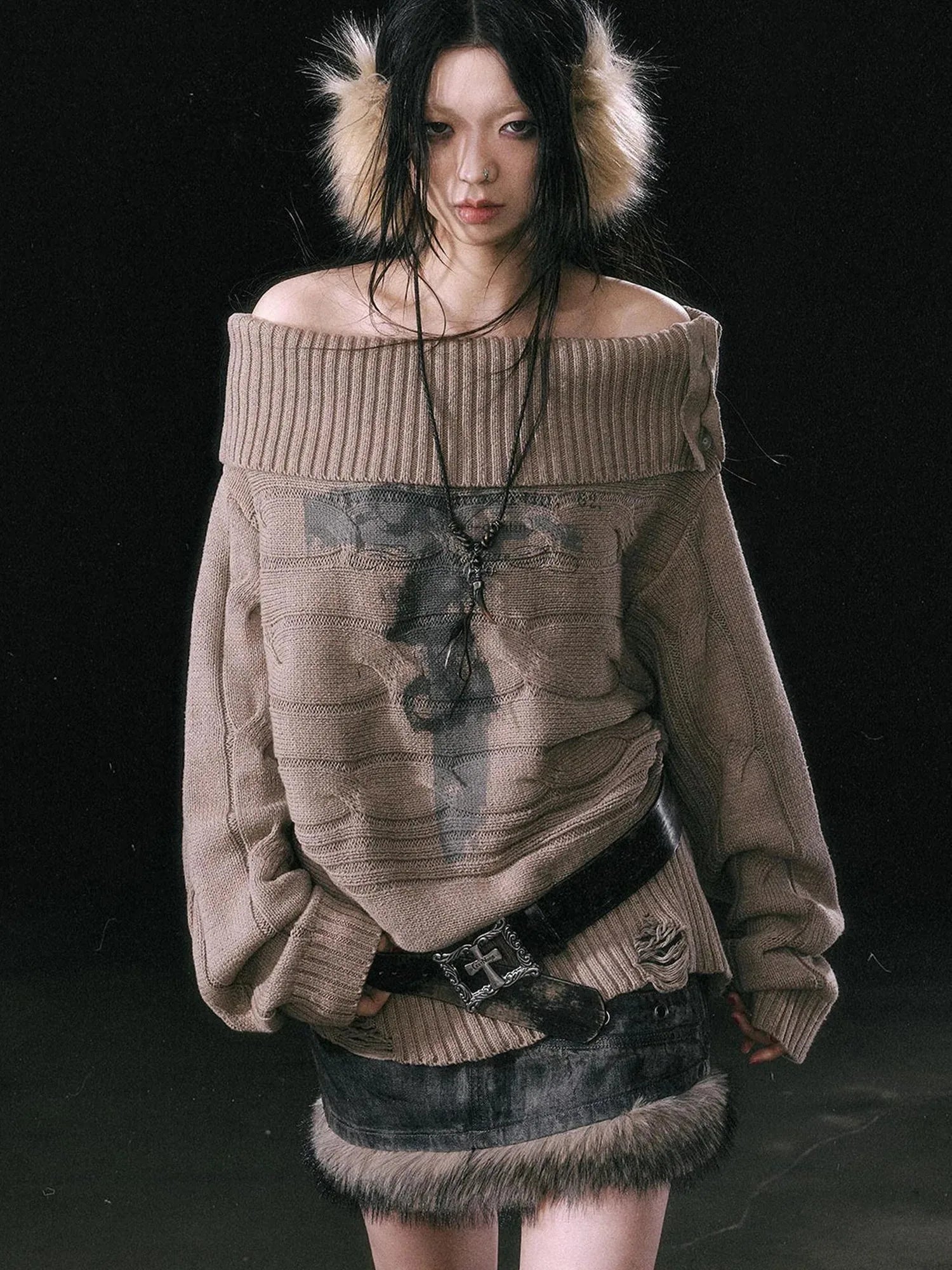 Double Layer Collar Slant Shoulder Print Sweater