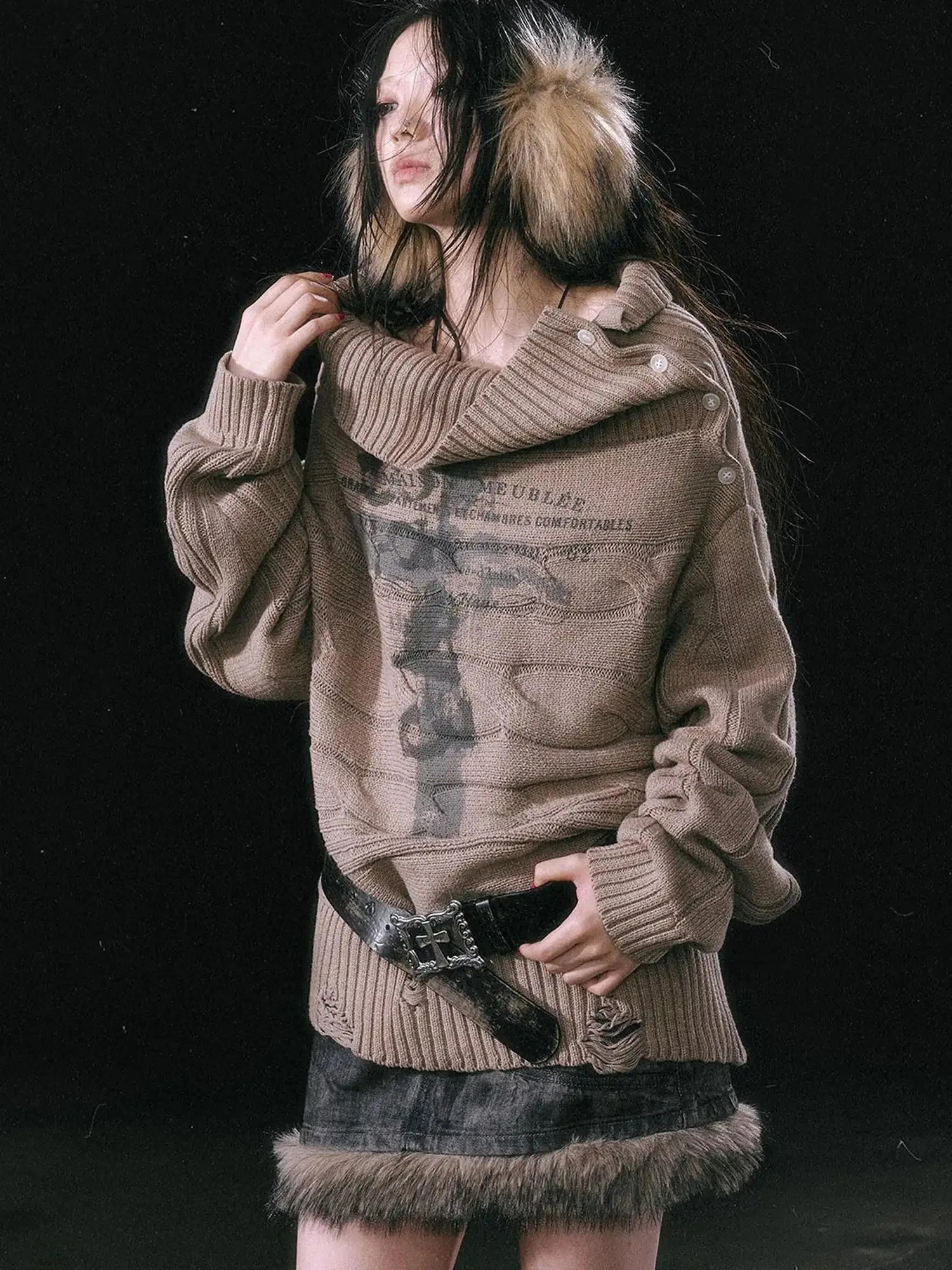 Double Layer Collar Slant Shoulder Print Sweater