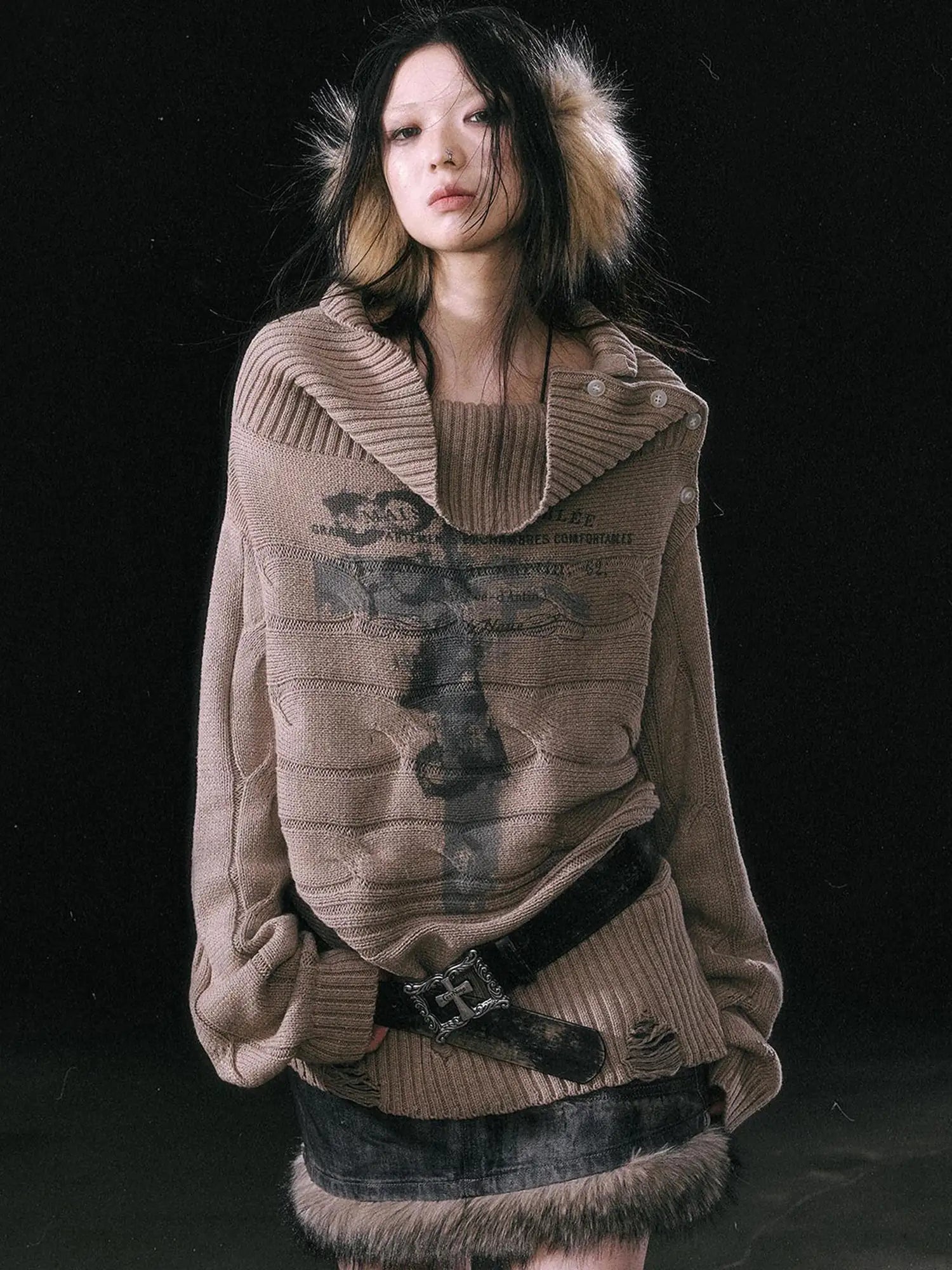 Double Layer Collar Slant Shoulder Print Sweater