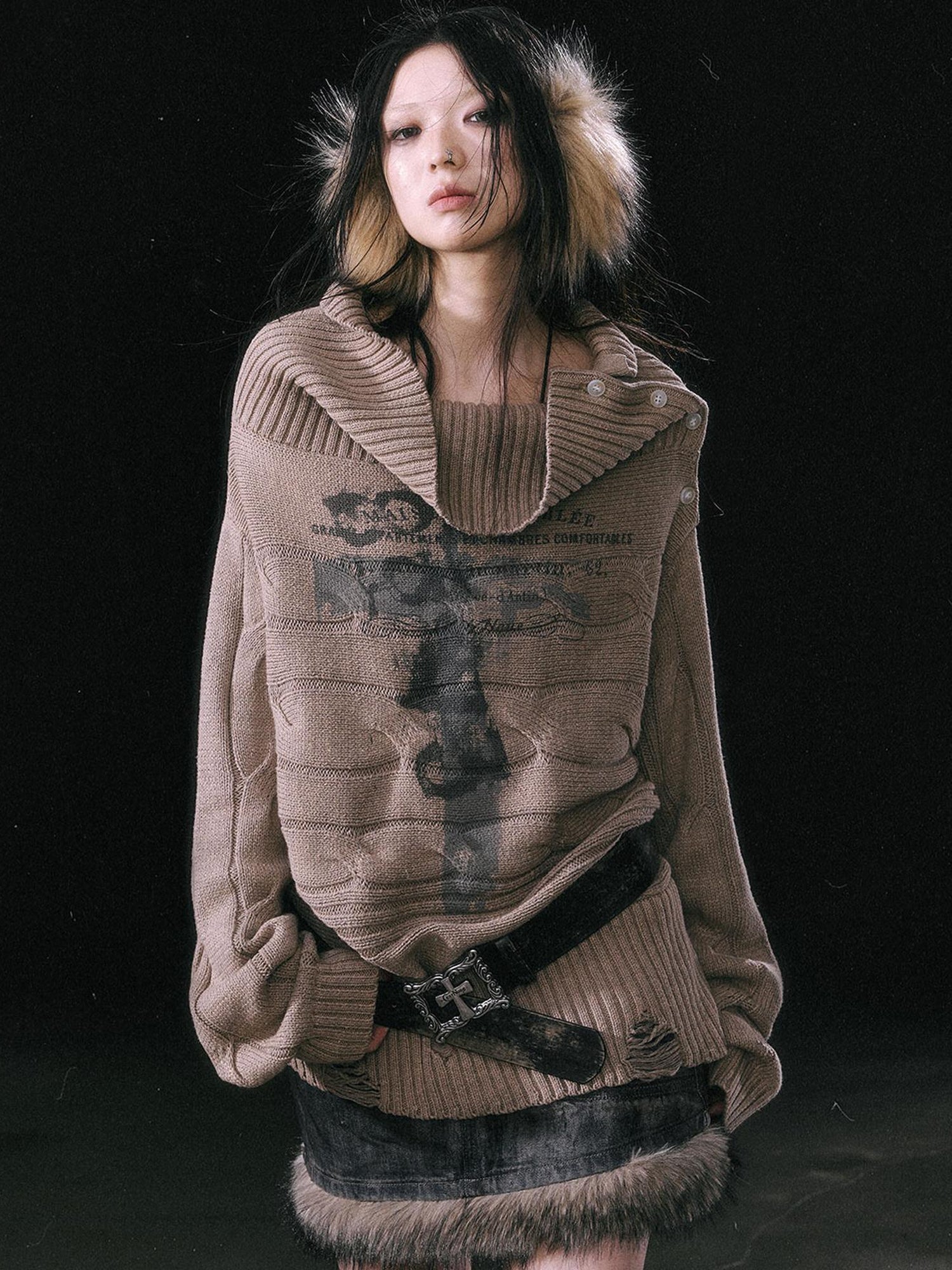 Update c Double Layer Collar Slant Shoulder Print Sweater