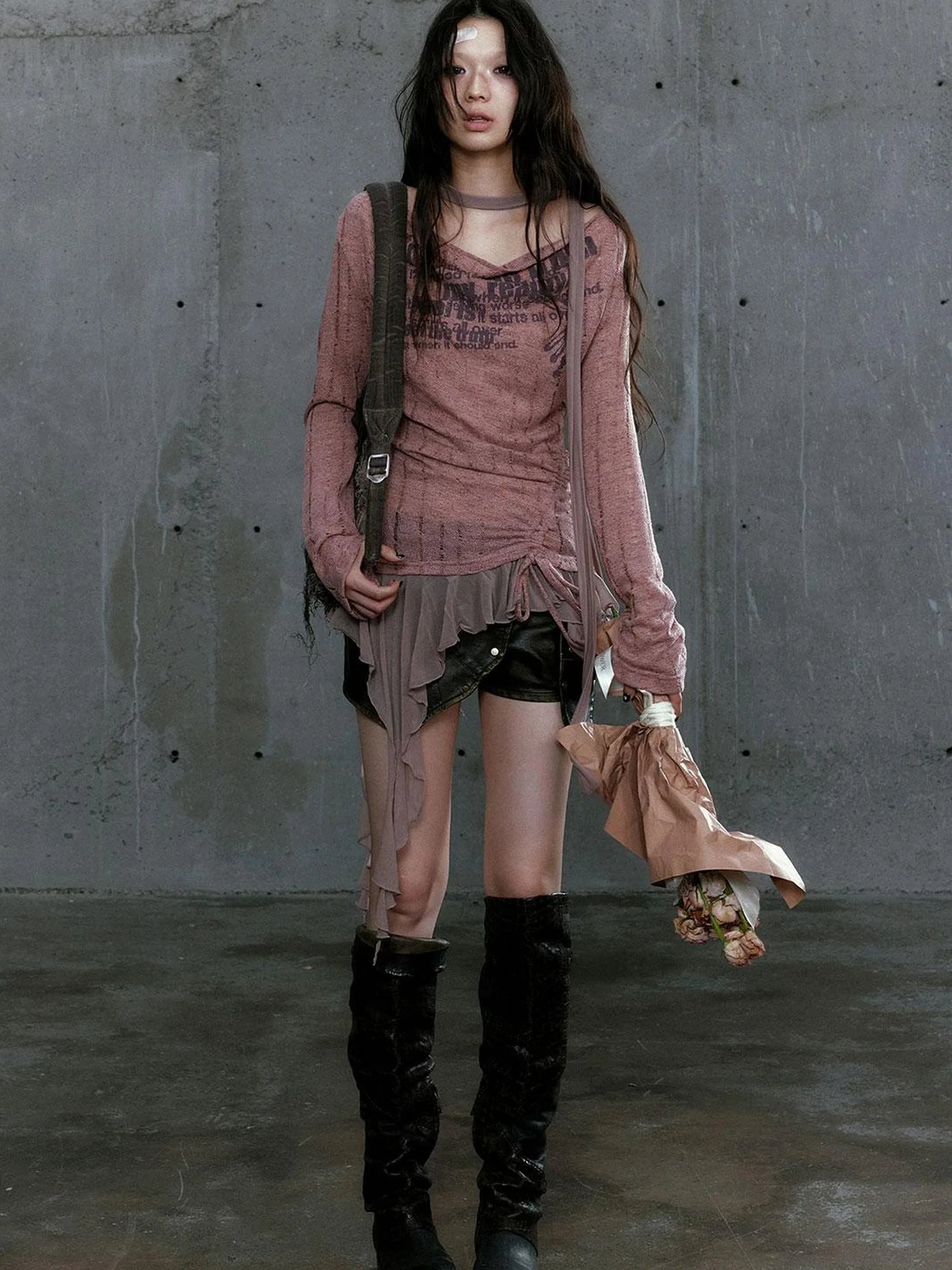 Graffiti Swing Collar Peplum Print Knit Top