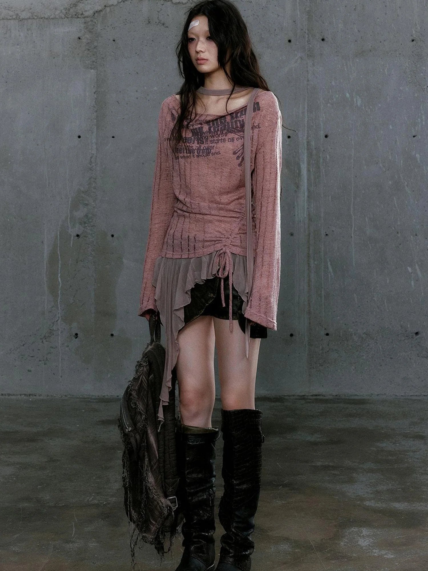 Graffiti Swing Collar Peplum Print Knit Top