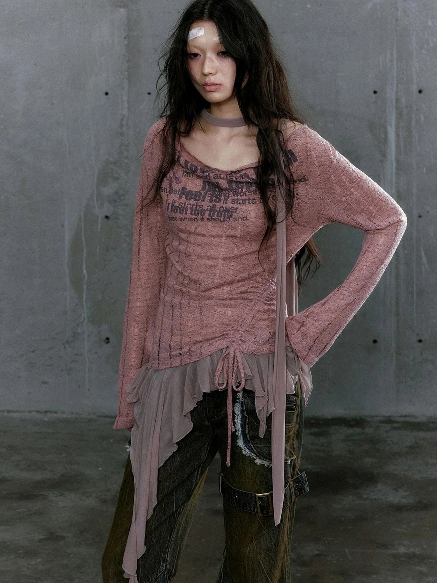 Graffiti Swing Collar Peplum Print Knit Top