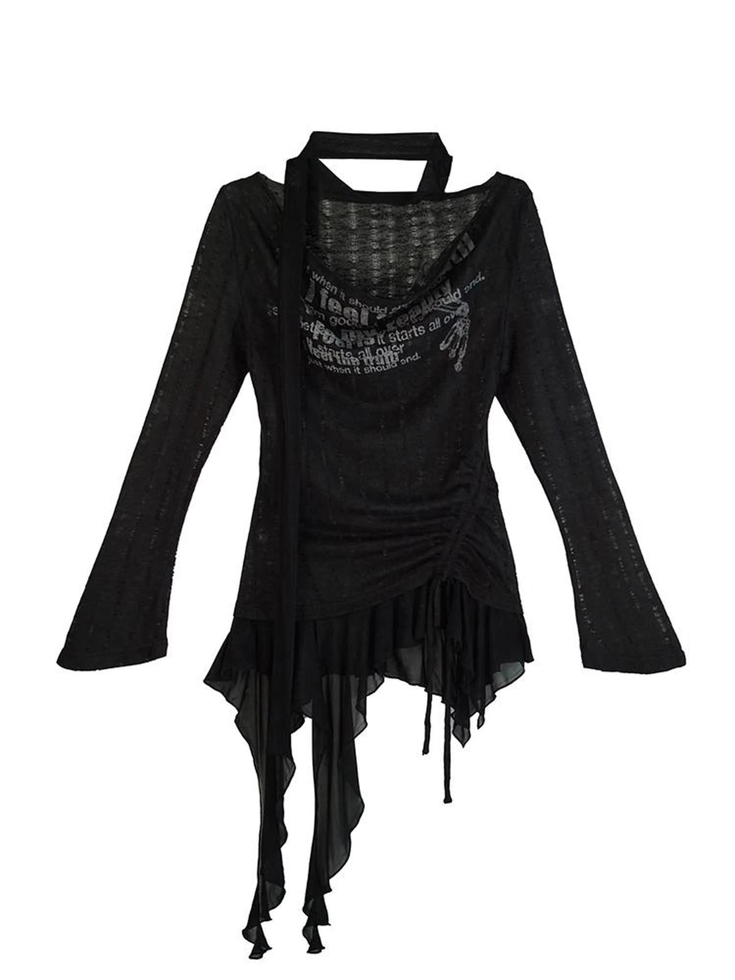 Graffiti Swing Collar Peplum Print Knit Top