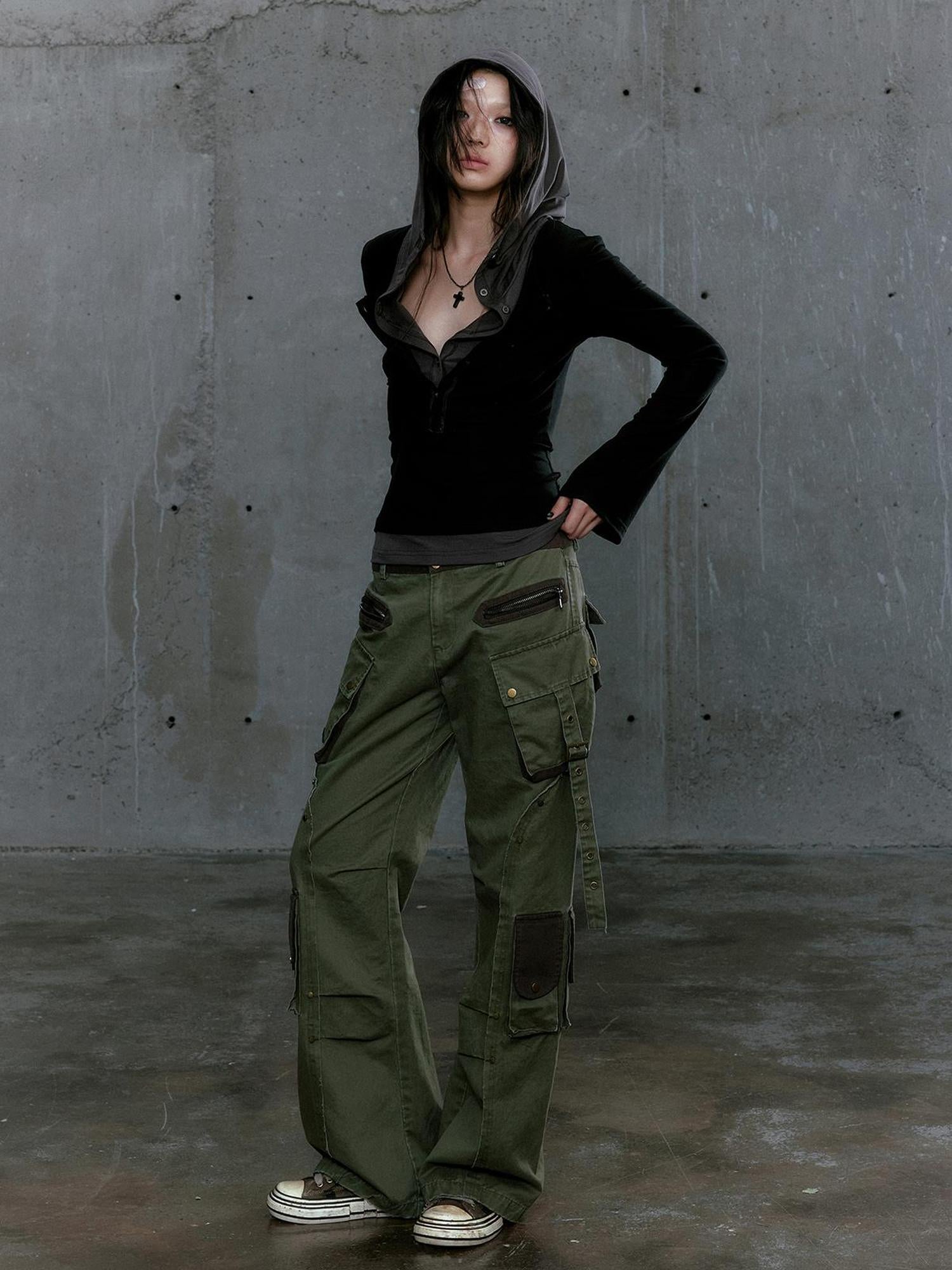 c Gray Green Contrast Pocket Cargo Pants Low Waist Military Style