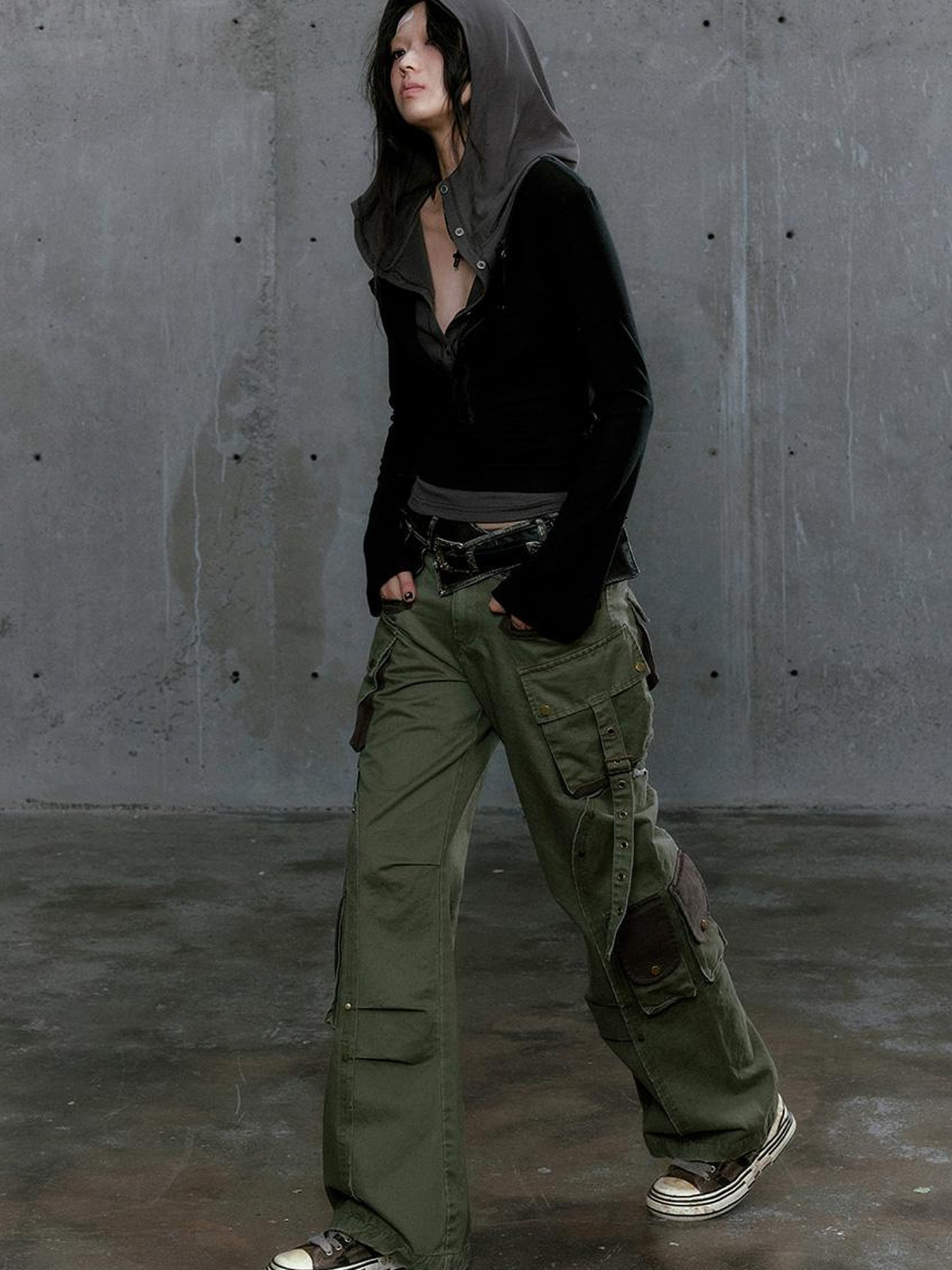 c Gray Green Contrast Pocket Cargo Pants Low Waist Military Style